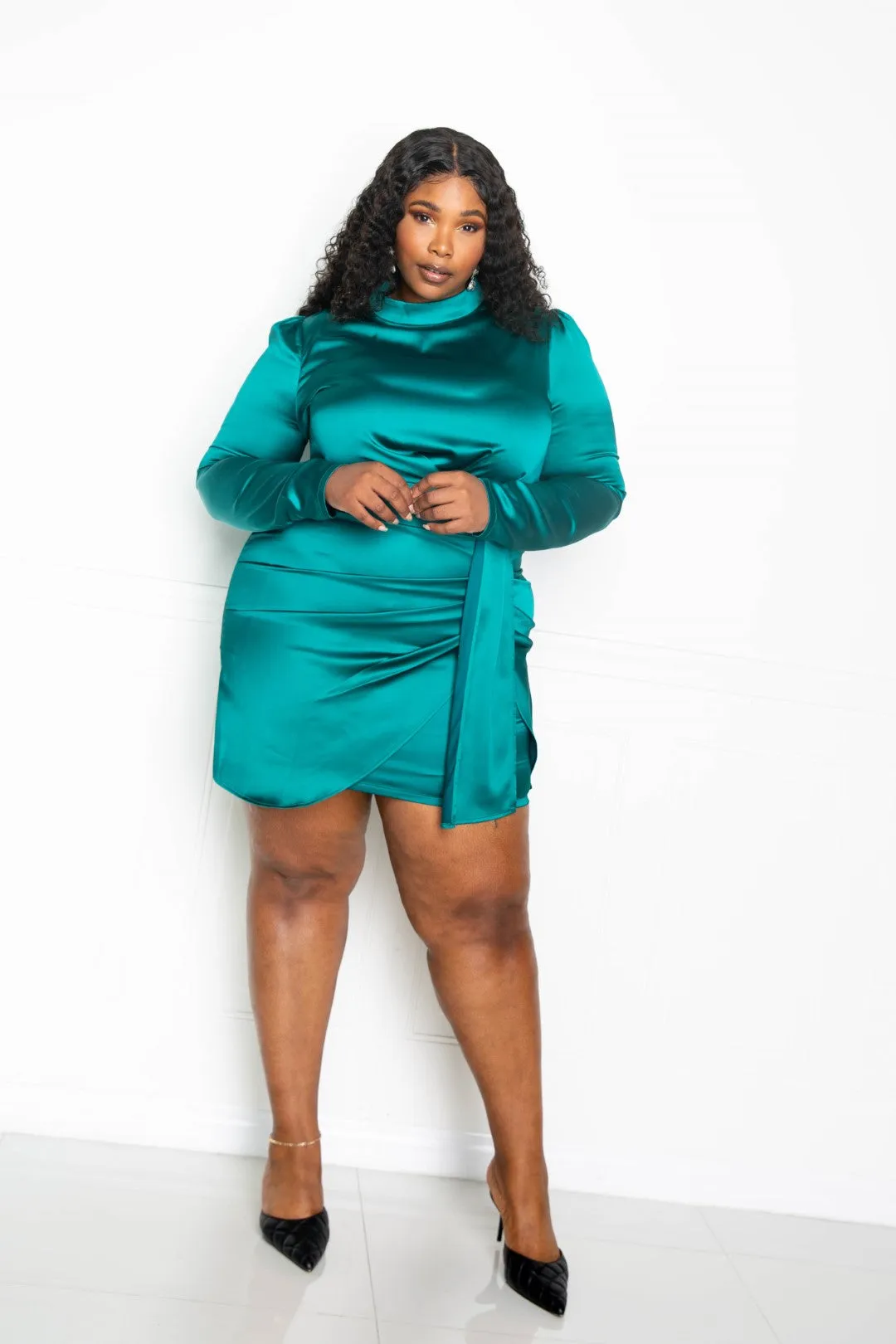 Satin Ruched Mini Long Sleeve Curvy Dress