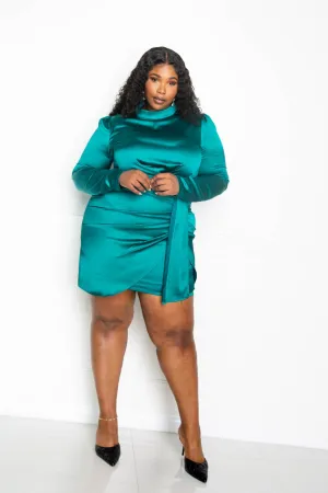 Satin Ruched Mini Long Sleeve Curvy Dress