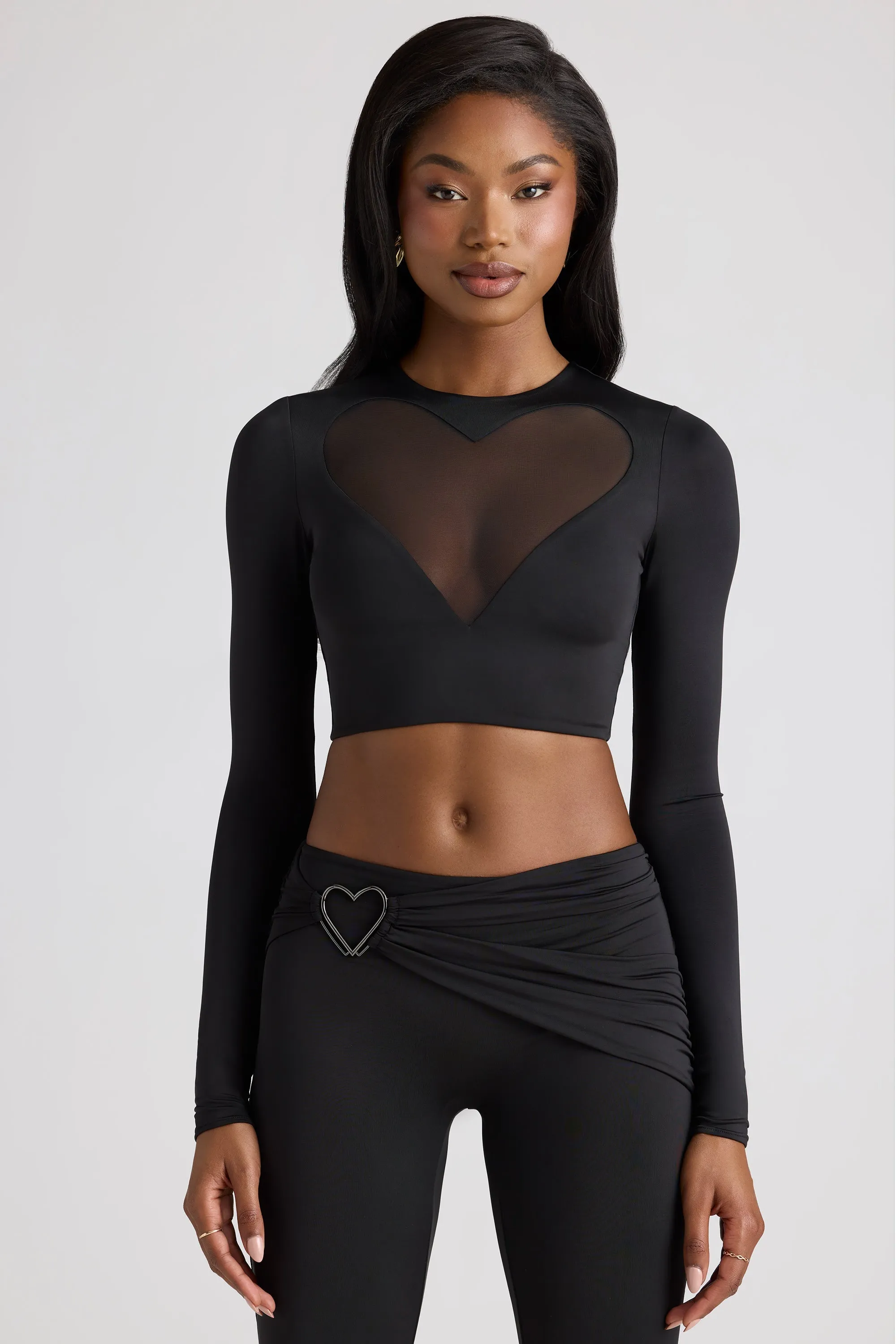 Sheer Panelled Long Sleeve Crop Top in Black