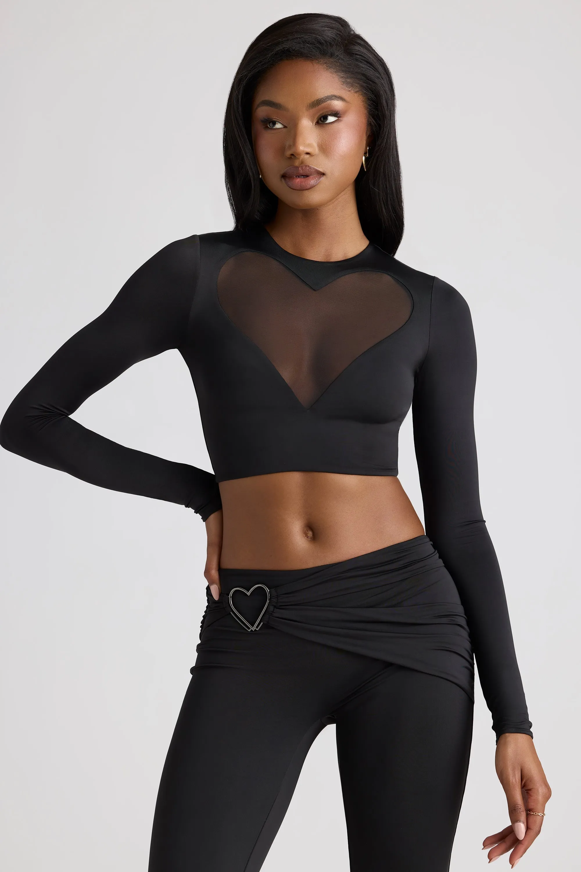 Sheer Panelled Long Sleeve Crop Top in Black