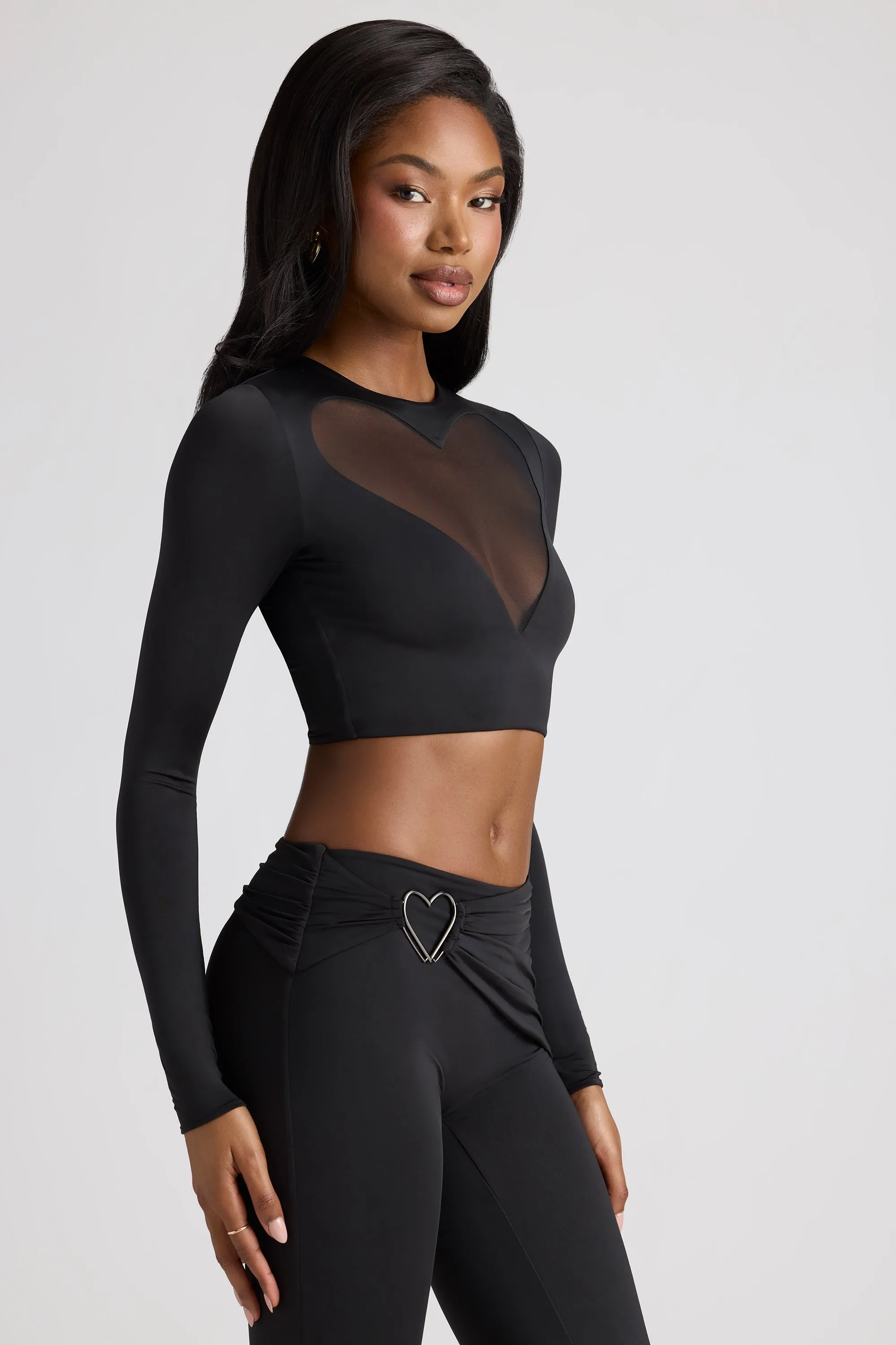 Sheer Panelled Long Sleeve Crop Top in Black