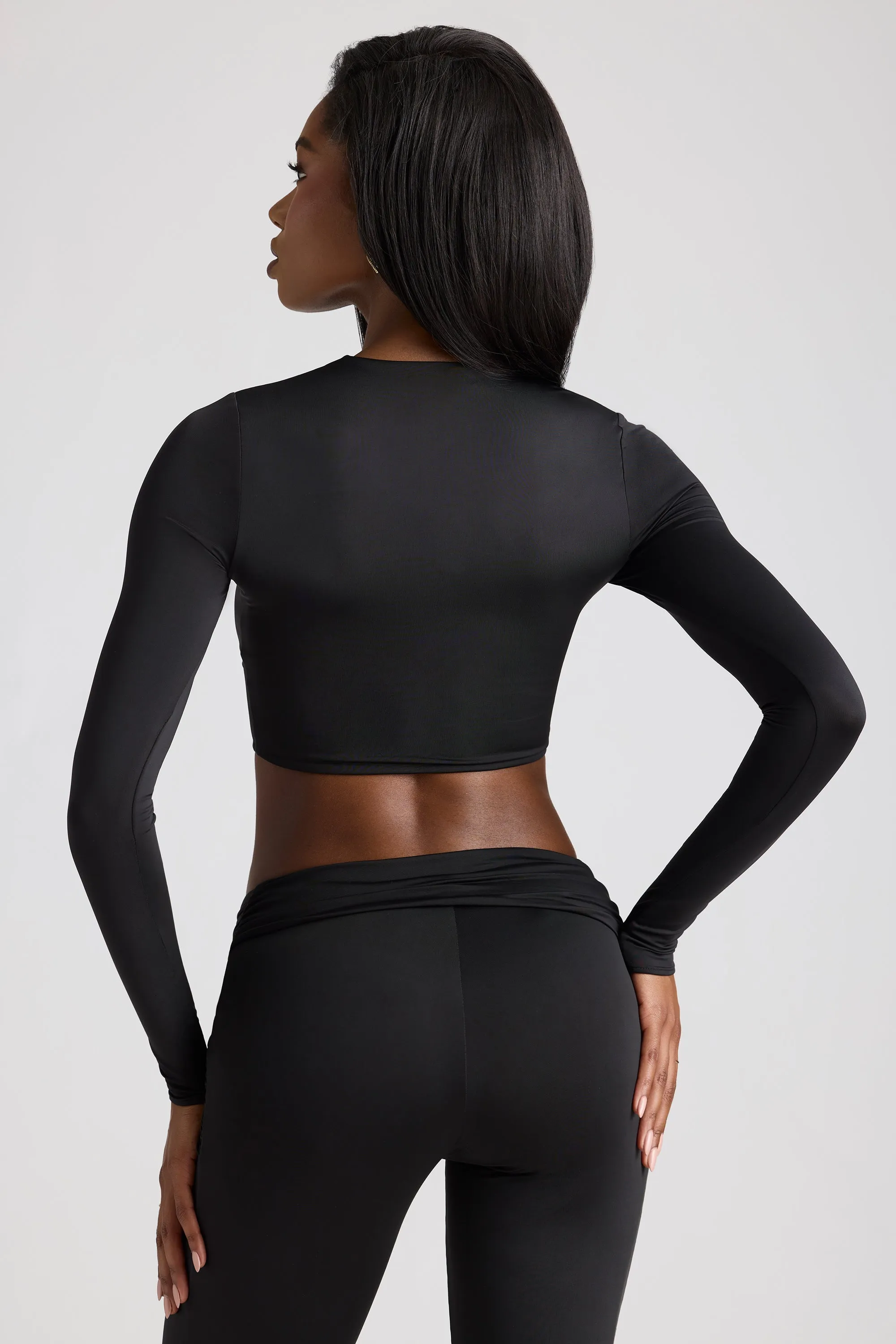 Sheer Panelled Long Sleeve Crop Top in Black