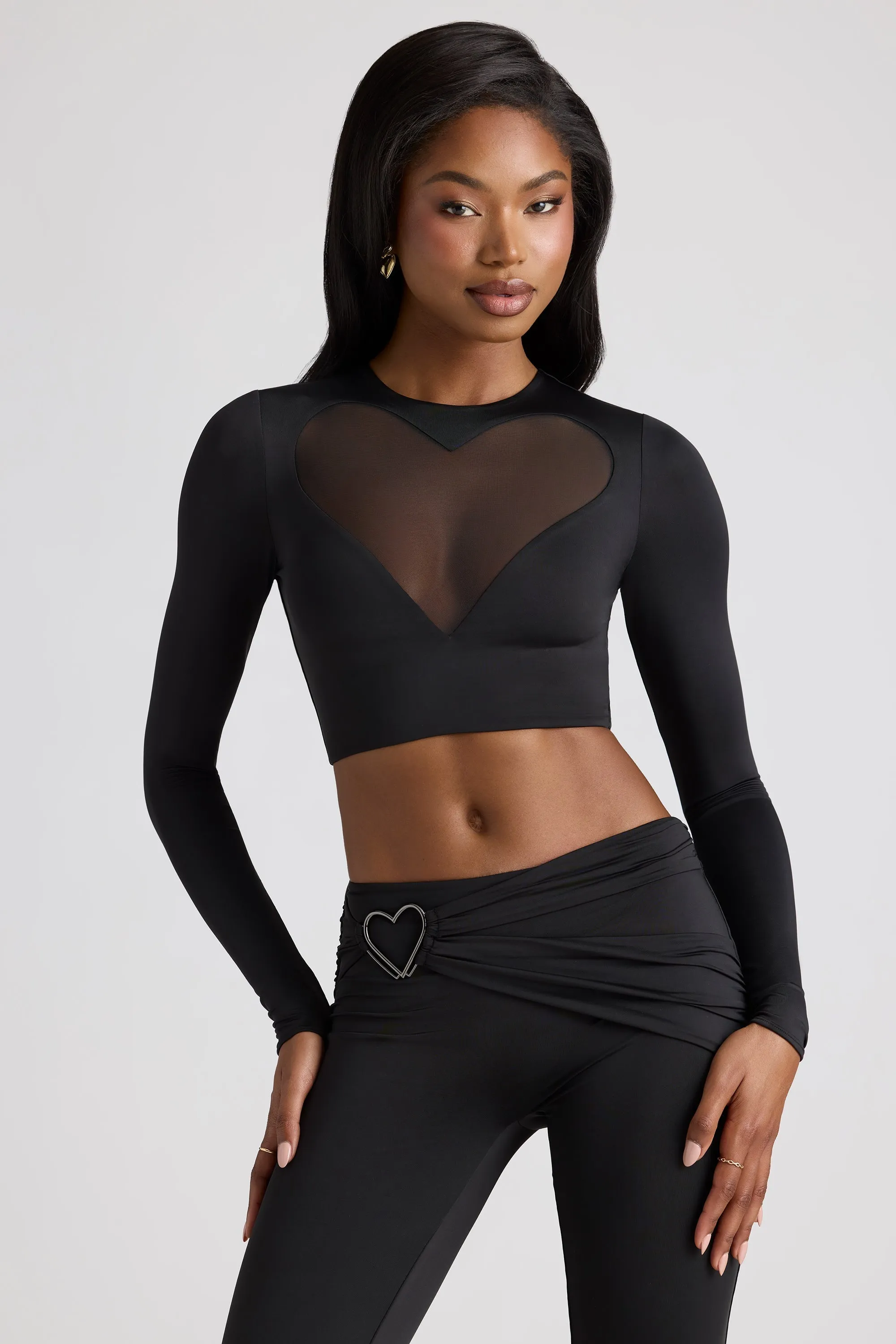 Sheer Panelled Long Sleeve Crop Top in Black