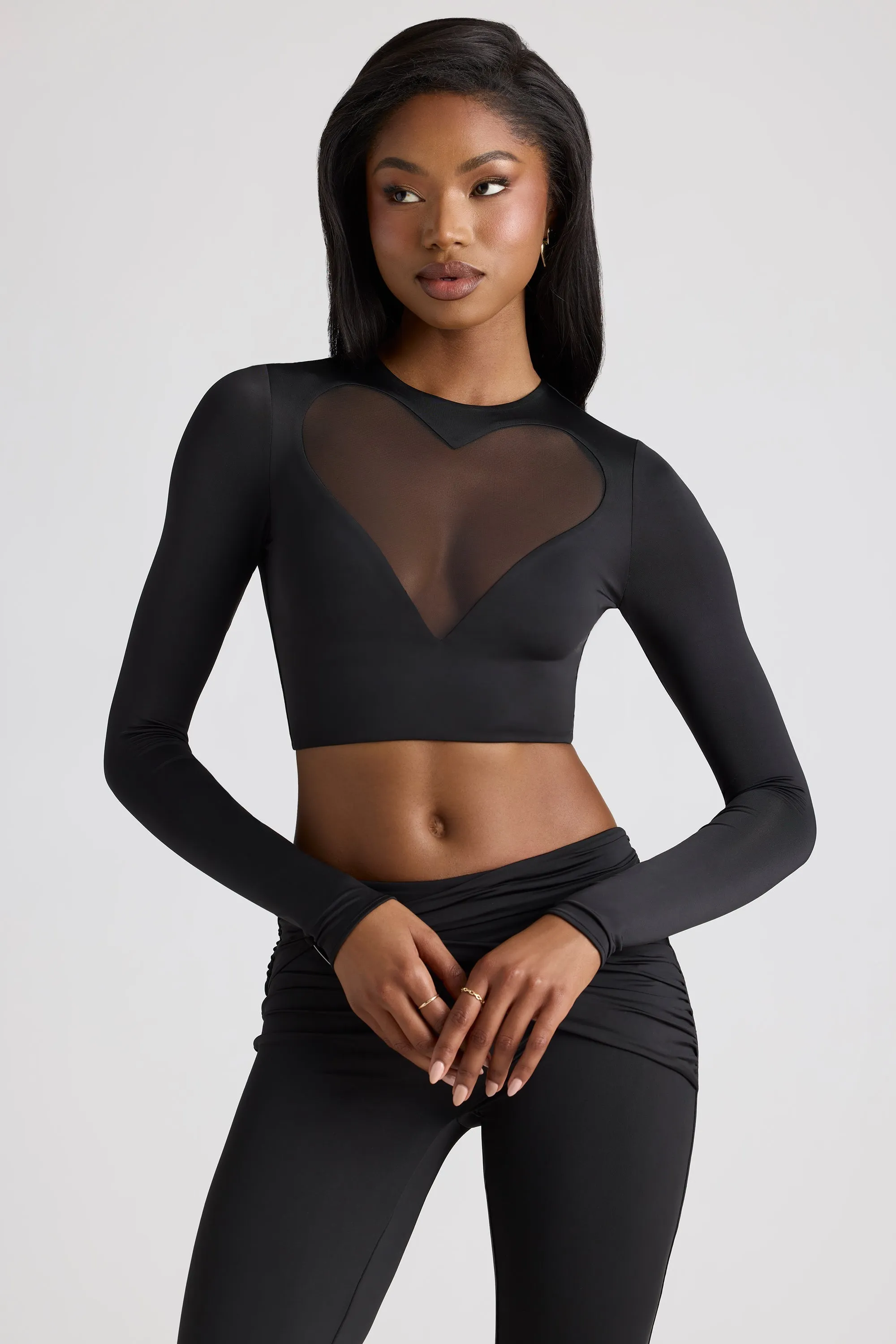 Sheer Panelled Long Sleeve Crop Top in Black