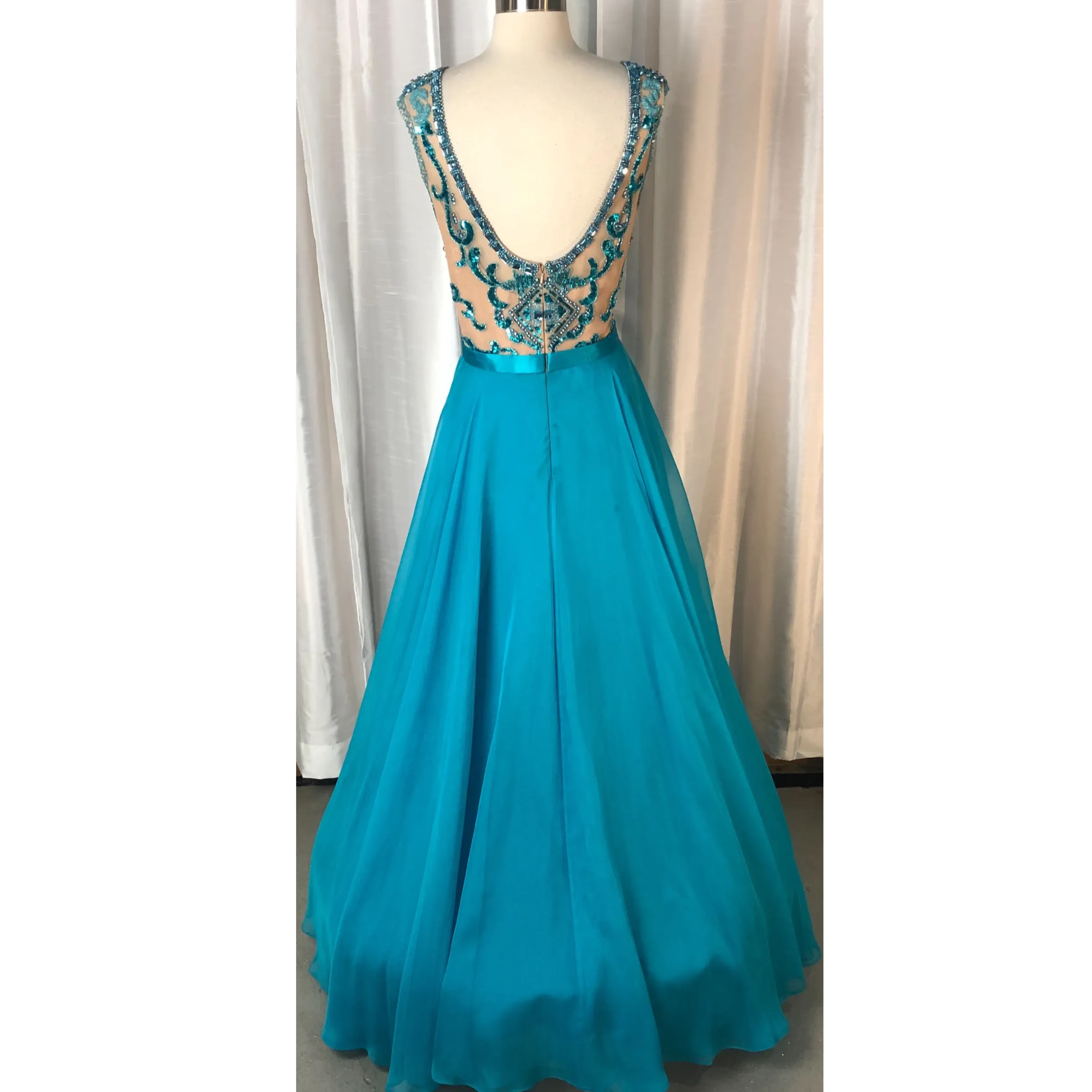 SHERRI HILL 11332 Turquoise & Nude Long Embellished Gown Size 18