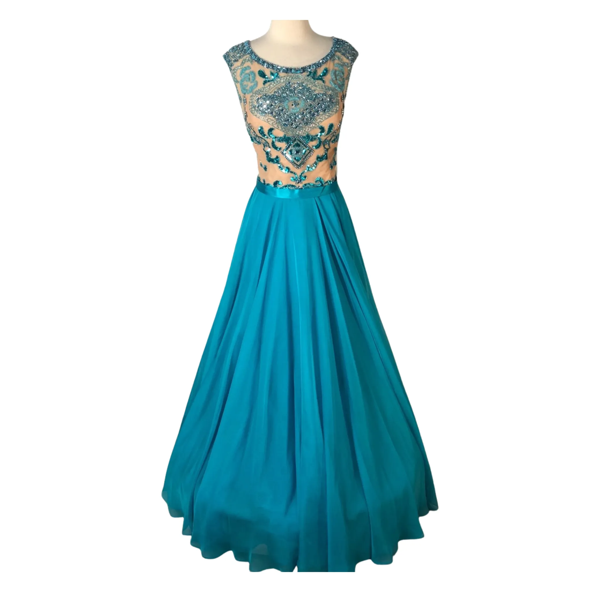 SHERRI HILL 11332 Turquoise & Nude Long Embellished Gown Size 18