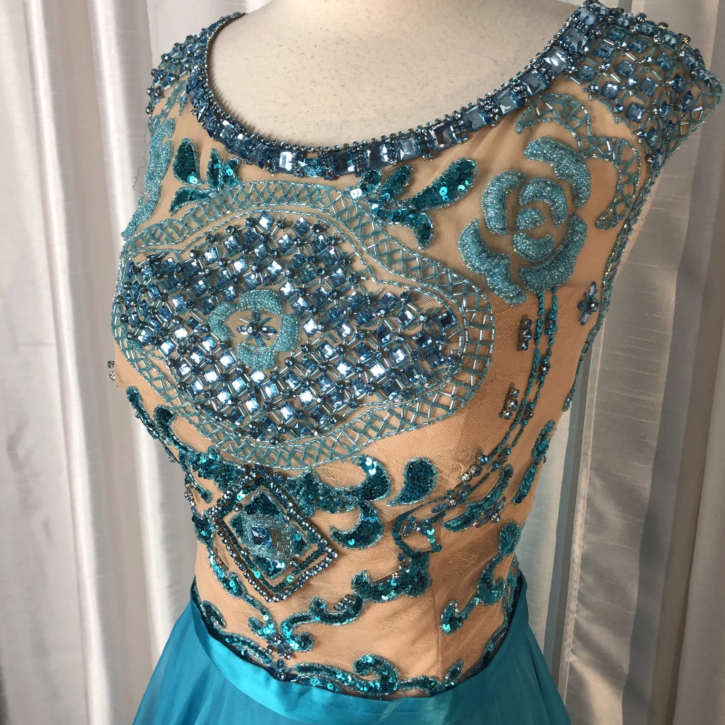 SHERRI HILL 11332 Turquoise & Nude Long Embellished Gown Size 18