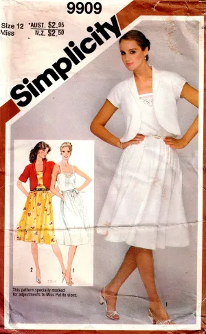 Simplicity 9909 Womens Sundress & Bolero Jacket 1980s Vintage Sewing Pattern Size 12 Bust 34 inches UNCUT Factory Folded