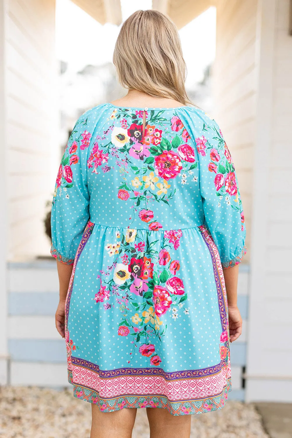 Sky Blue Mix Boho Floral Print Plus Size Mini Babydoll Dress
