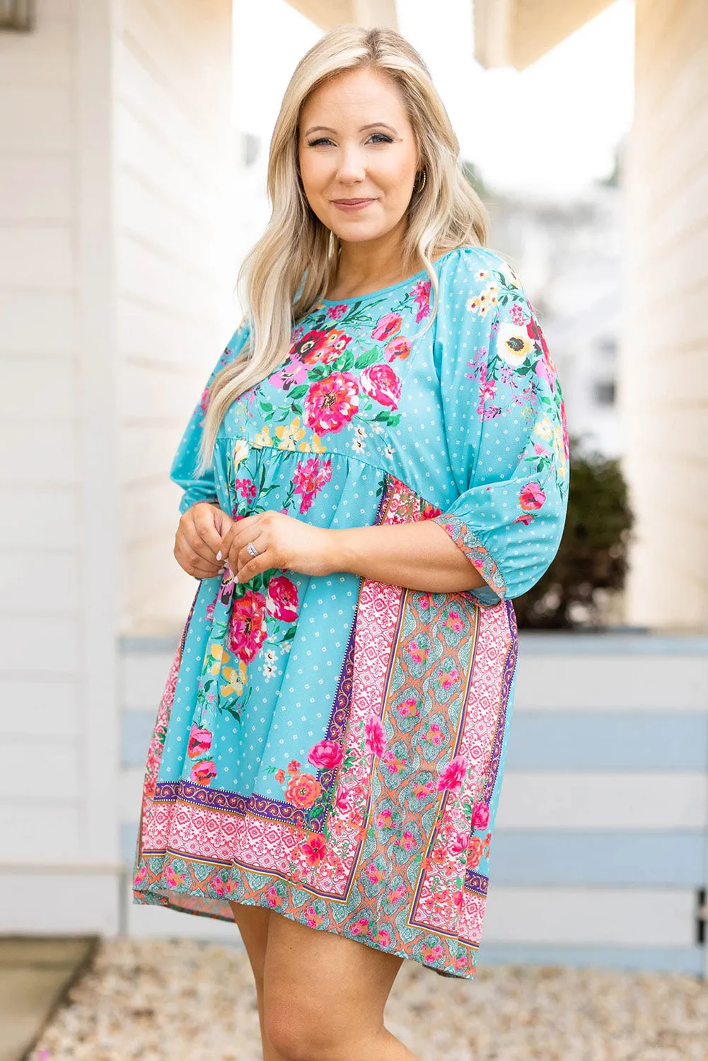 Sky Blue Mix Boho Floral Print Plus Size Mini Babydoll Dress