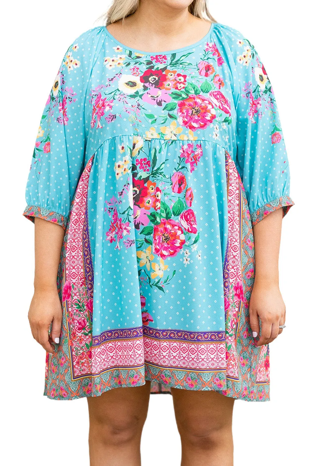 Sky Blue Mix Boho Floral Print Plus Size Mini Babydoll Dress