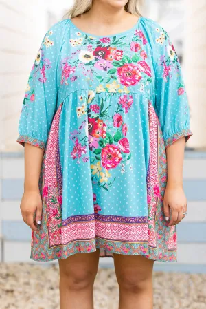 Sky Blue Mix Boho Floral Print Plus Size Mini Babydoll Dress