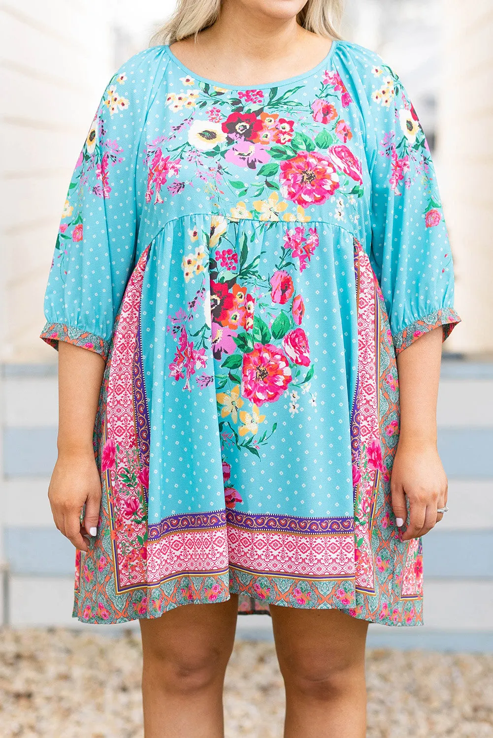 Sky Blue Mix Boho Floral Print Plus Size Mini Babydoll Dress