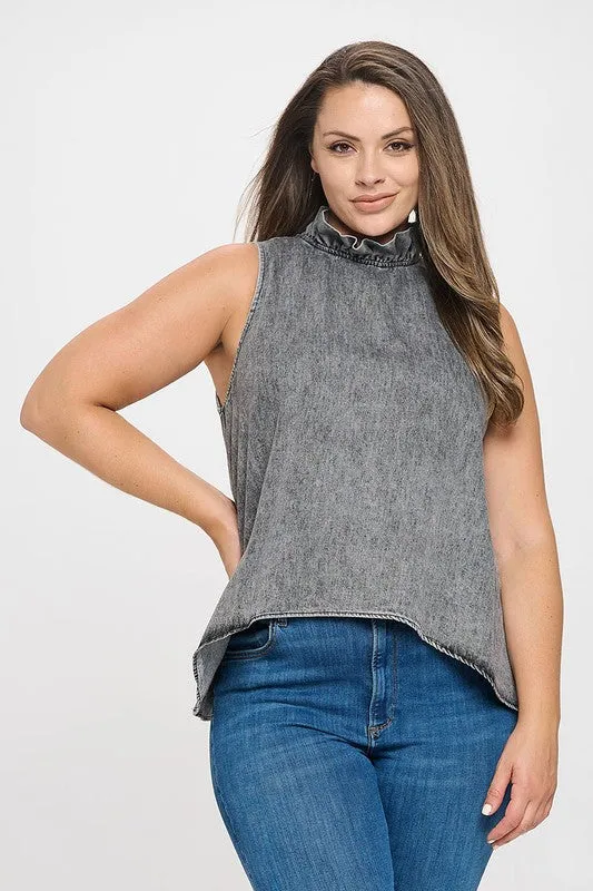 Sleeveless Ruffleneck Denim Top