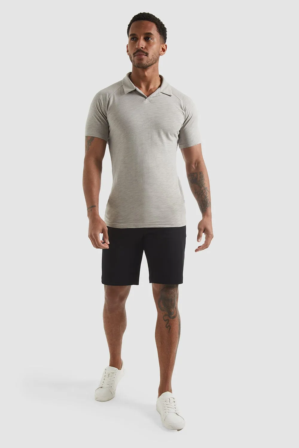 Slub Open Collar Polo Shirt In Pebble