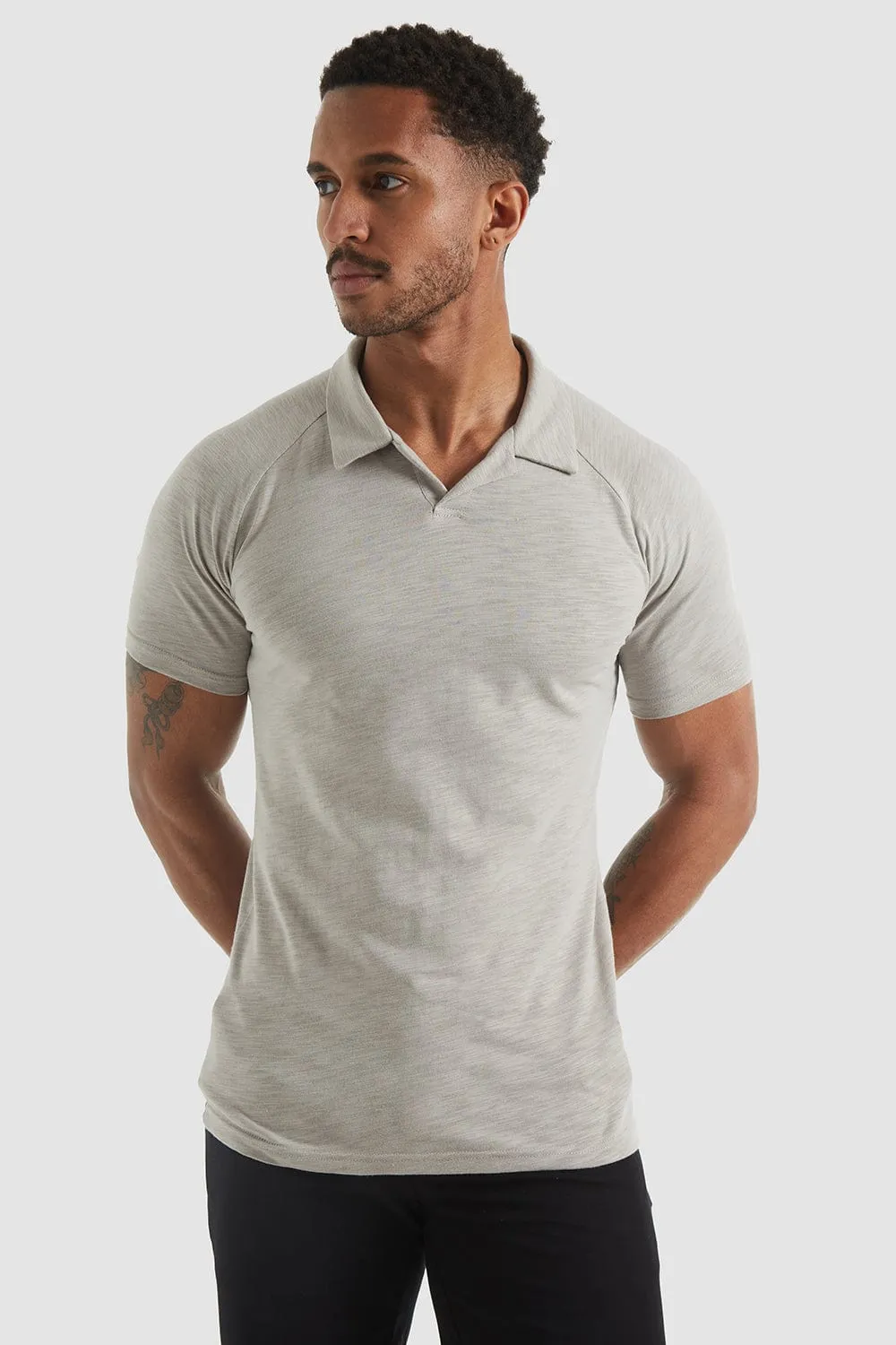 Slub Open Collar Polo Shirt In Pebble