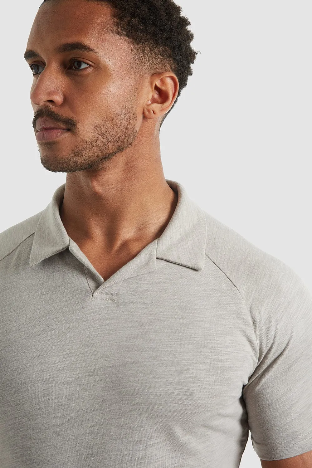 Slub Open Collar Polo Shirt In Pebble