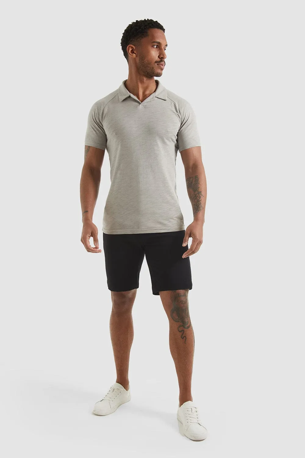 Slub Open Collar Polo Shirt In Pebble