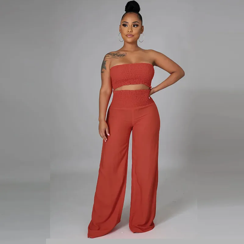 Smock Tube Top and Wide Leg Pants Set