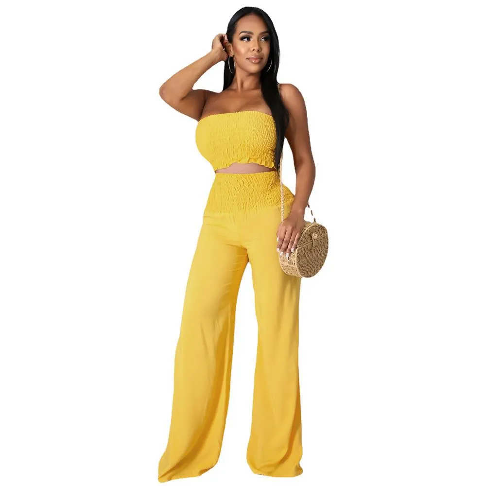 Smock Tube Top and Wide Leg Pants Set