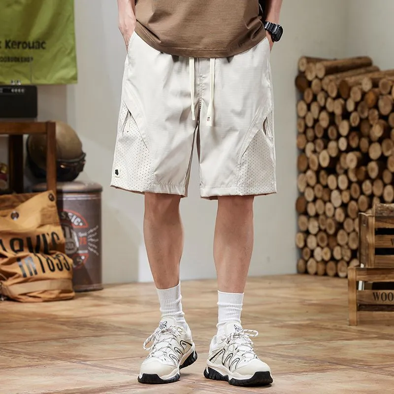 Solid Color Quick-Dry Wide-Leg Chino Shorts for Men with Stylish Patchwork