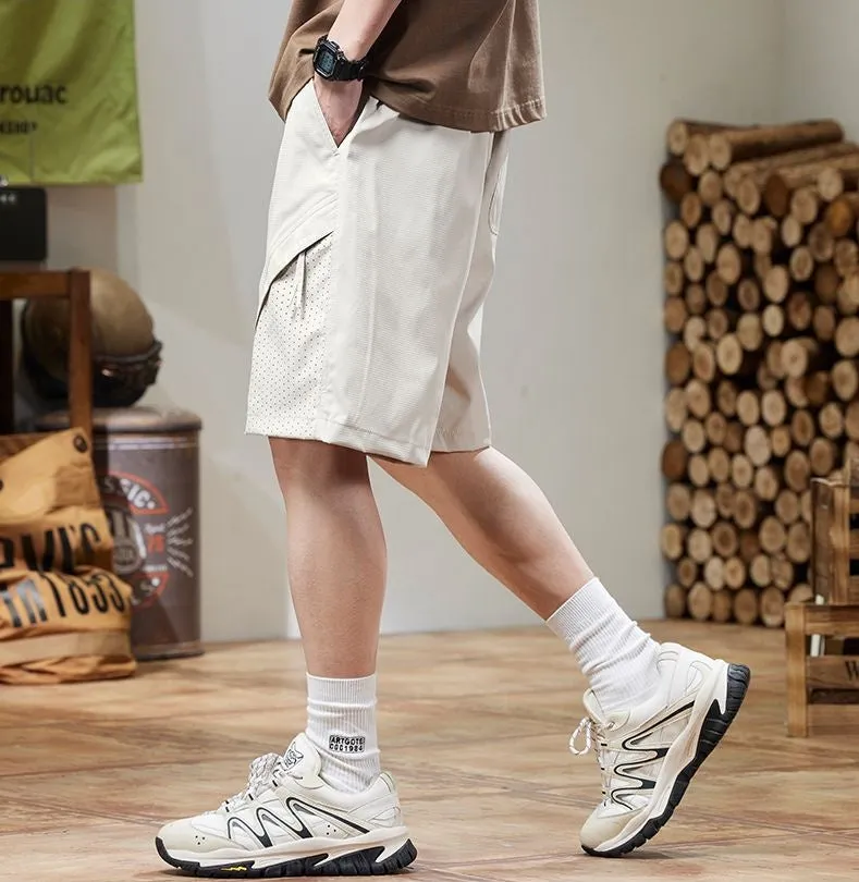 Solid Color Quick-Dry Wide-Leg Chino Shorts for Men with Stylish Patchwork