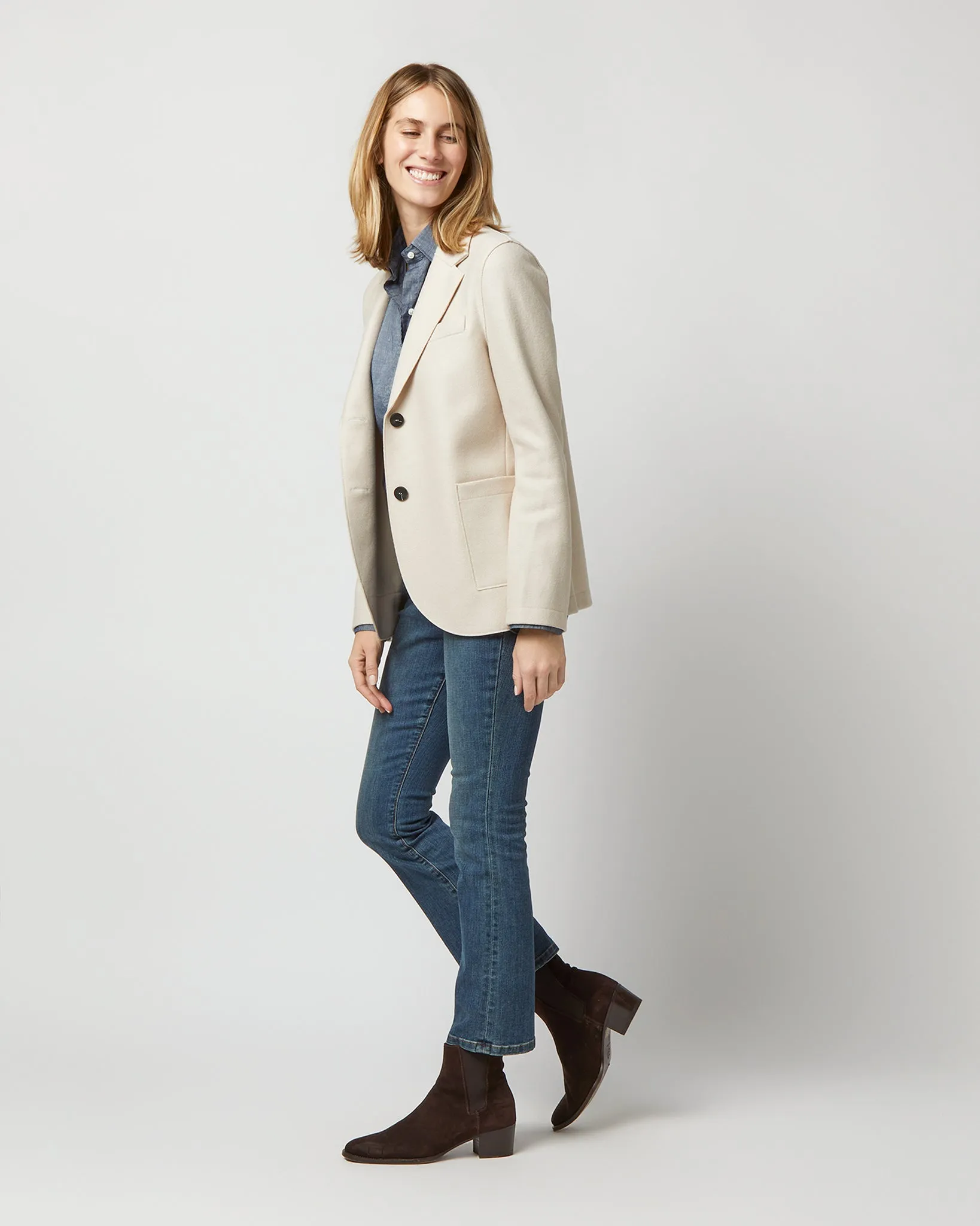 Stand Up Collar Blazer in Cream Light Pressed Wool