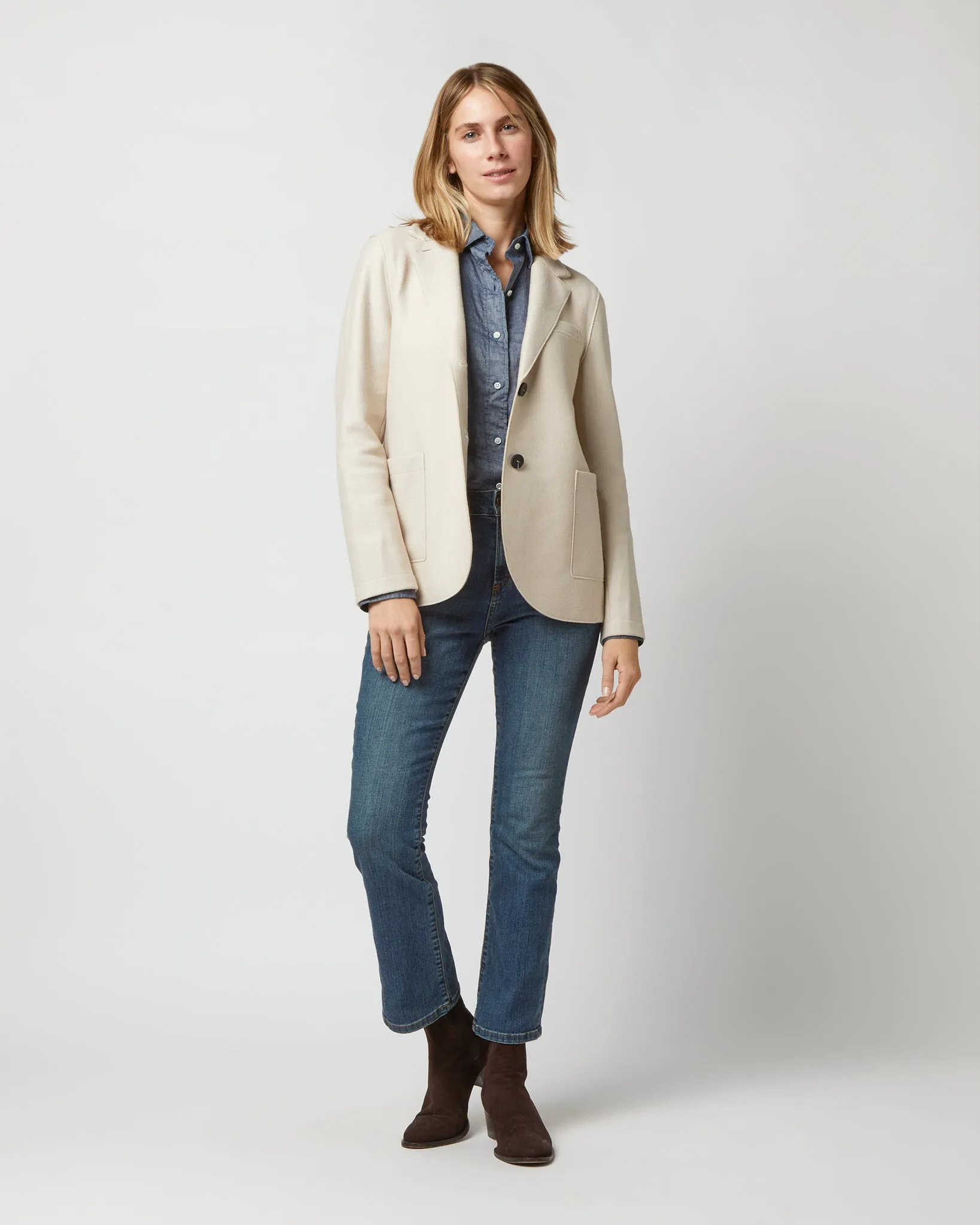 Stand Up Collar Blazer in Cream Light Pressed Wool