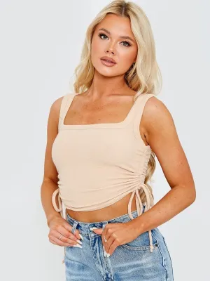 Stone Ribbed Cropped Ruched Crop Top Vest