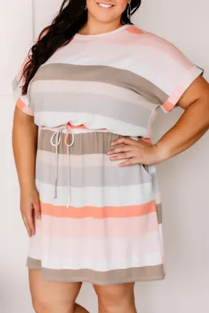 Striped Print Drawstring Short Sleeve Plus Size Dress