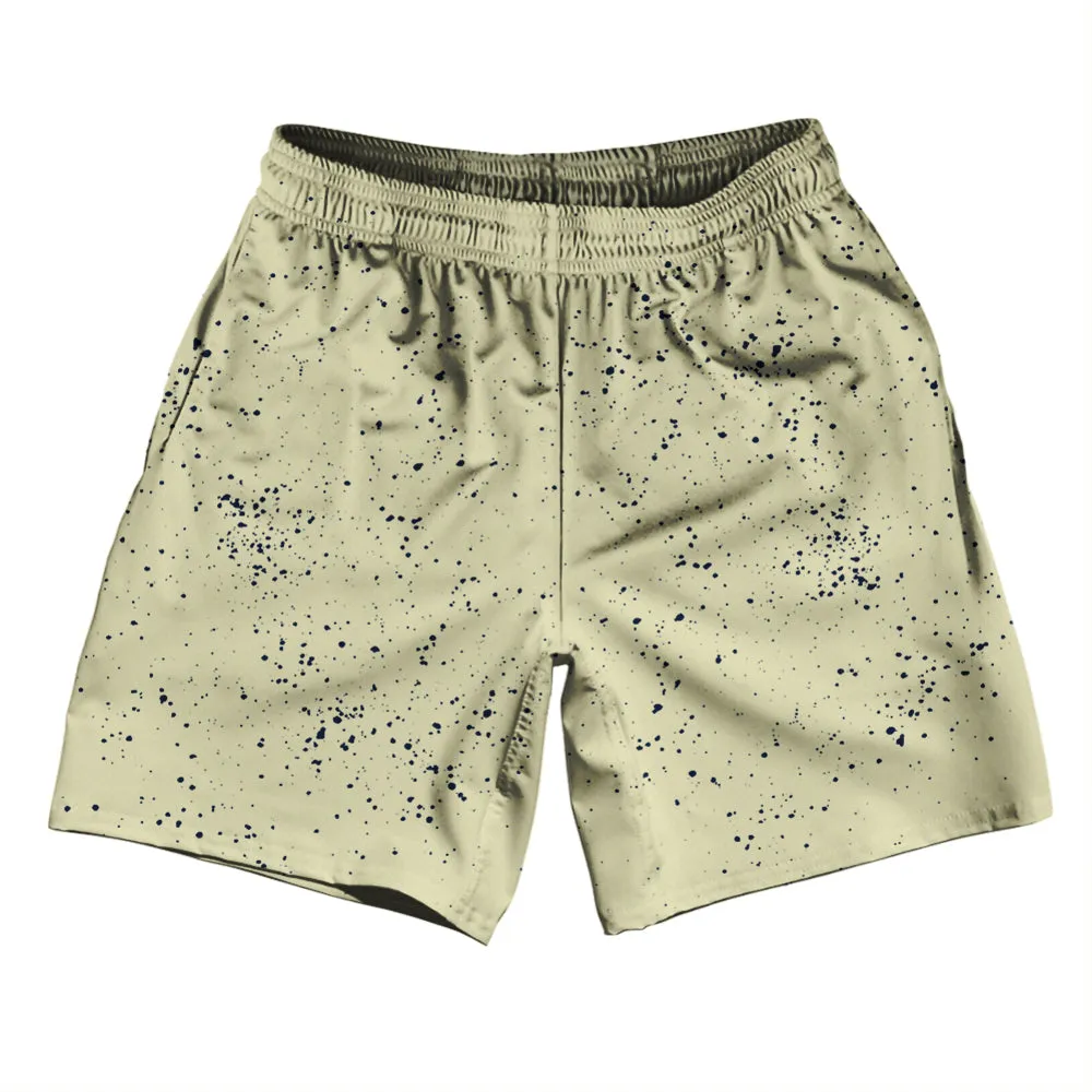 Super Fly Pattern Blue Navy and Vegas Gold Athletic Running Fitness Exercise Shorts 7" Inseam Shorts Made In USA