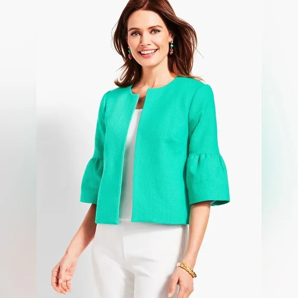 TALBOTS NWT 2P Petite Flare-Sleeve Tweed Jacket • Turquoise Green • Aquamarine