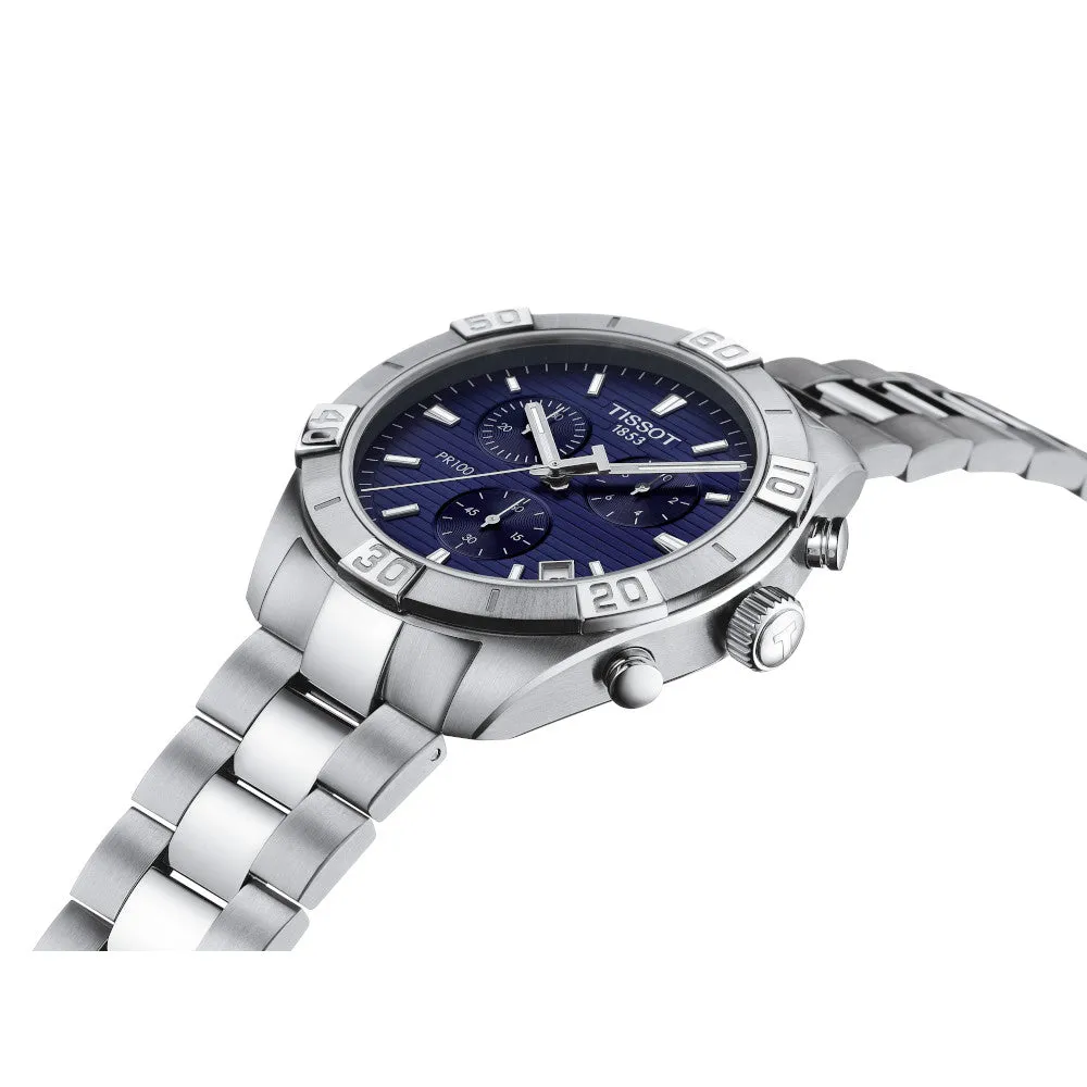 Tissot PR 100 Sport Mens Stainless Steel Chronograph Blue Dial Watch