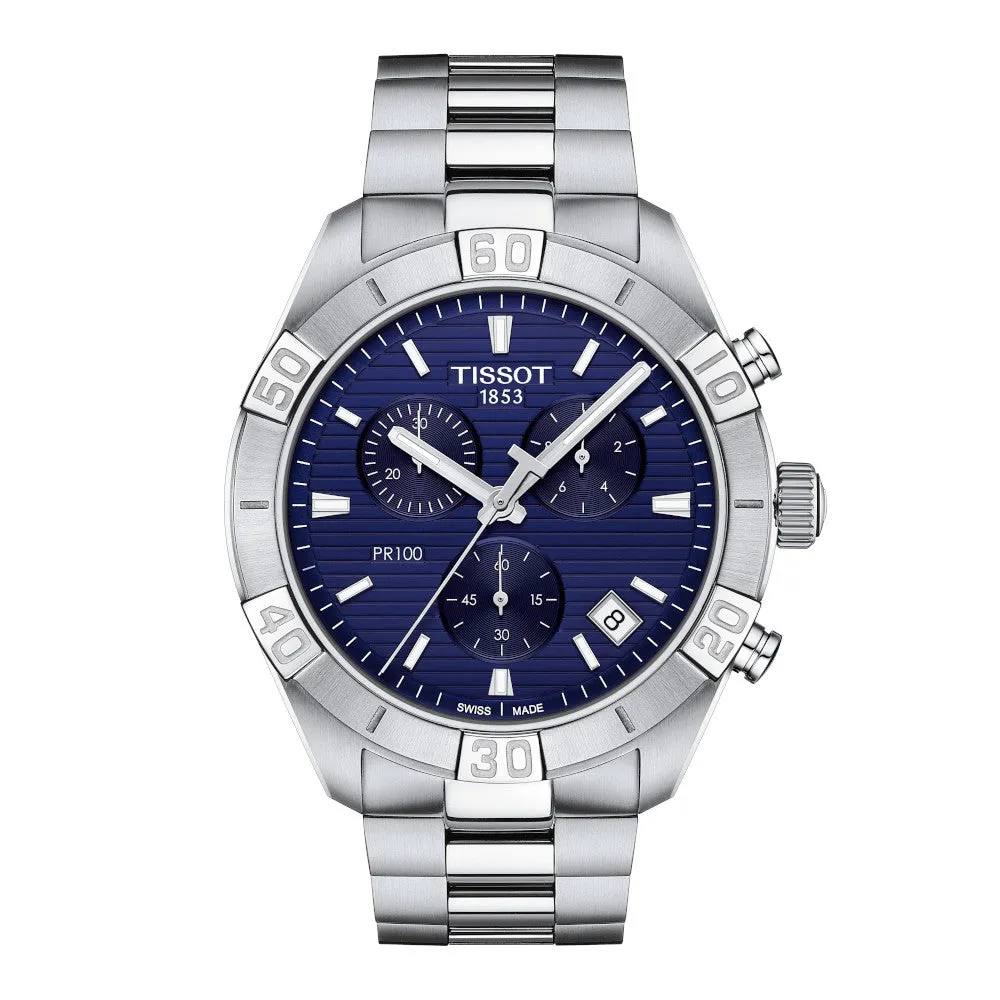 Tissot PR 100 Sport Mens Stainless Steel Chronograph Blue Dial Watch