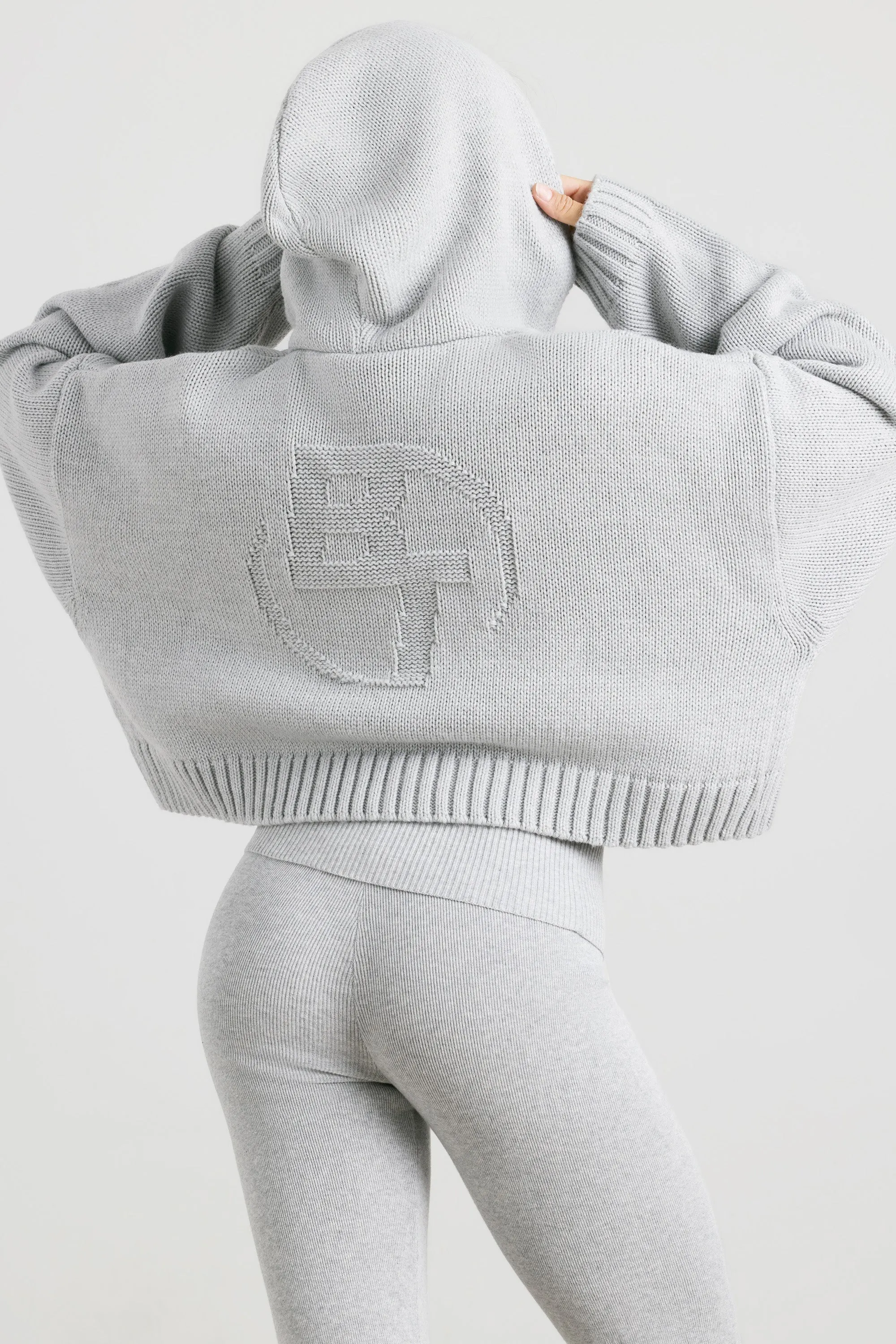 True - Cropped Zip Up Chunky Knit Hoodie in Heather Grey