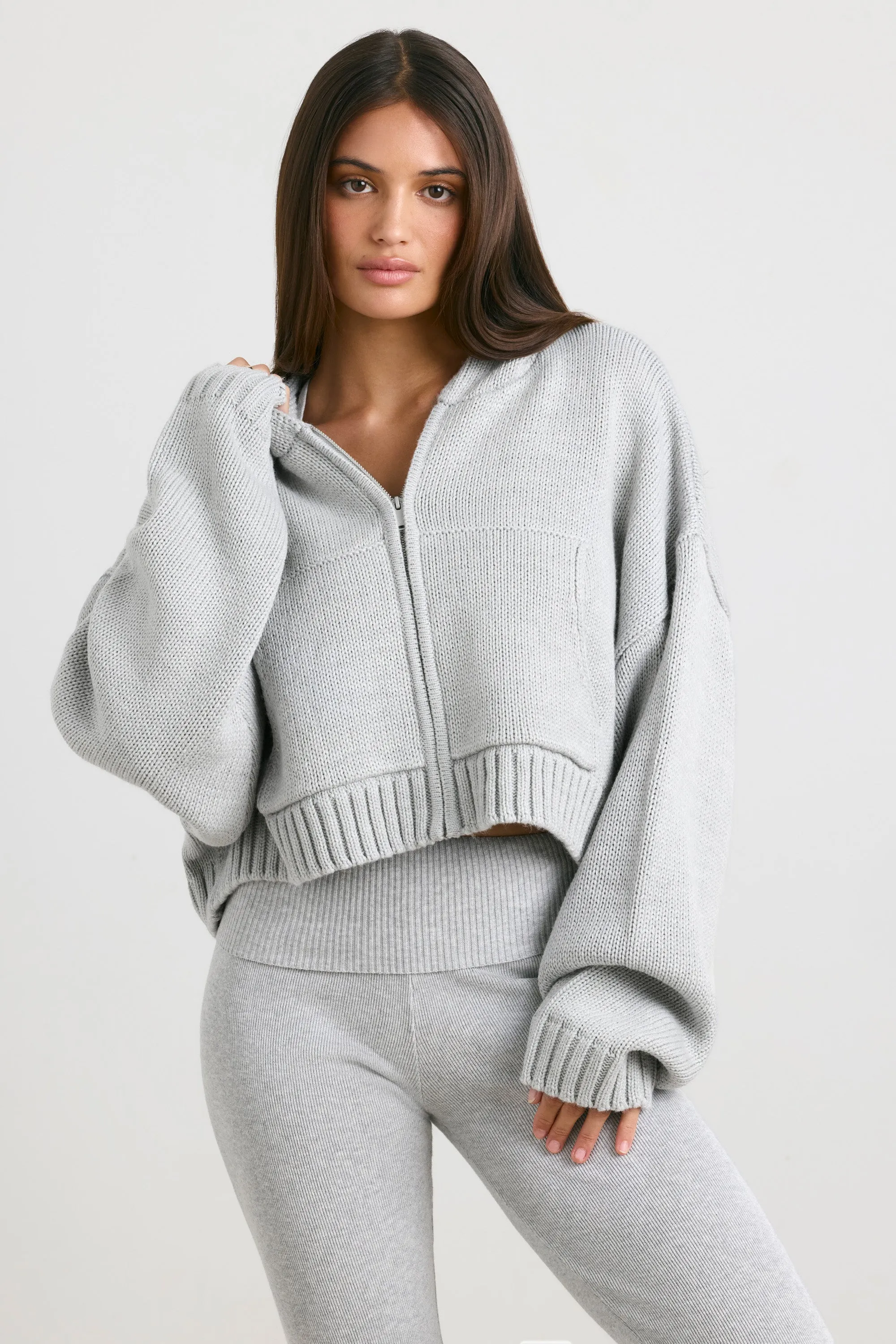True - Cropped Zip Up Chunky Knit Hoodie in Heather Grey