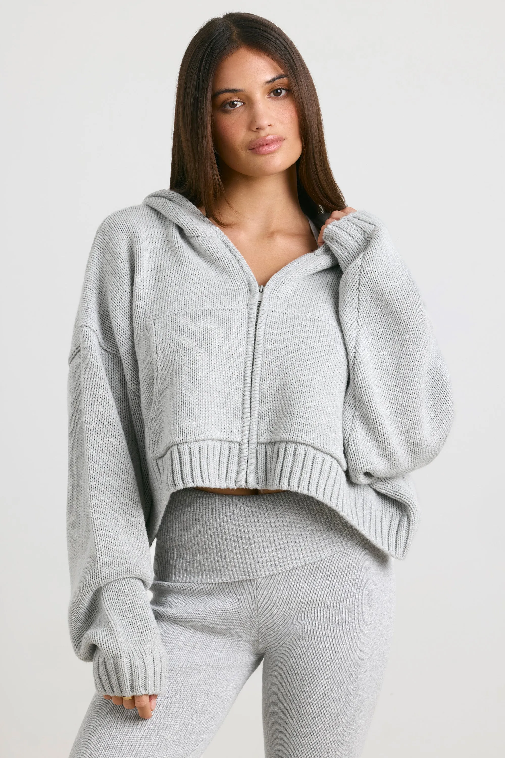 True - Cropped Zip Up Chunky Knit Hoodie in Heather Grey