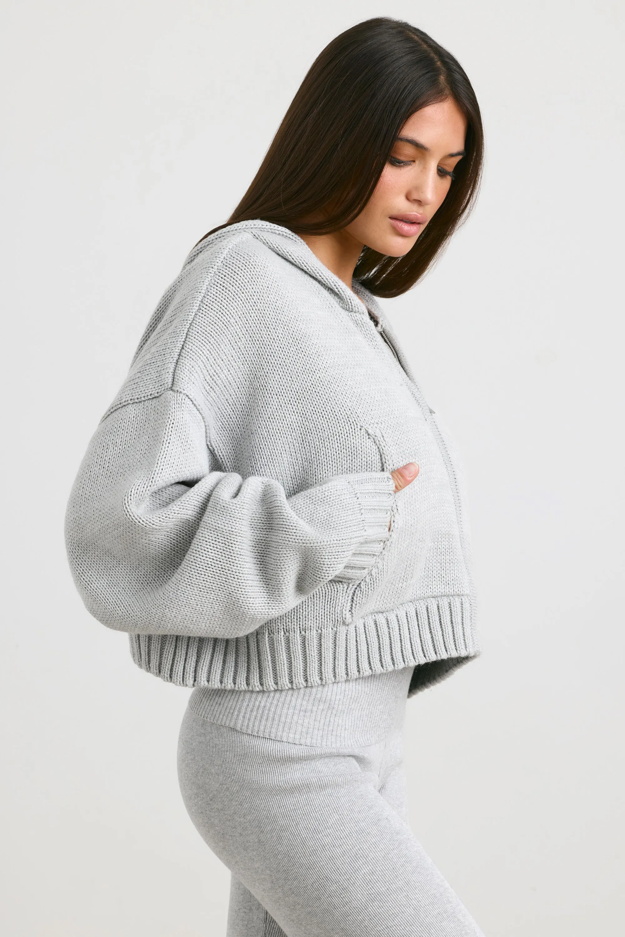 True - Cropped Zip Up Chunky Knit Hoodie in Heather Grey