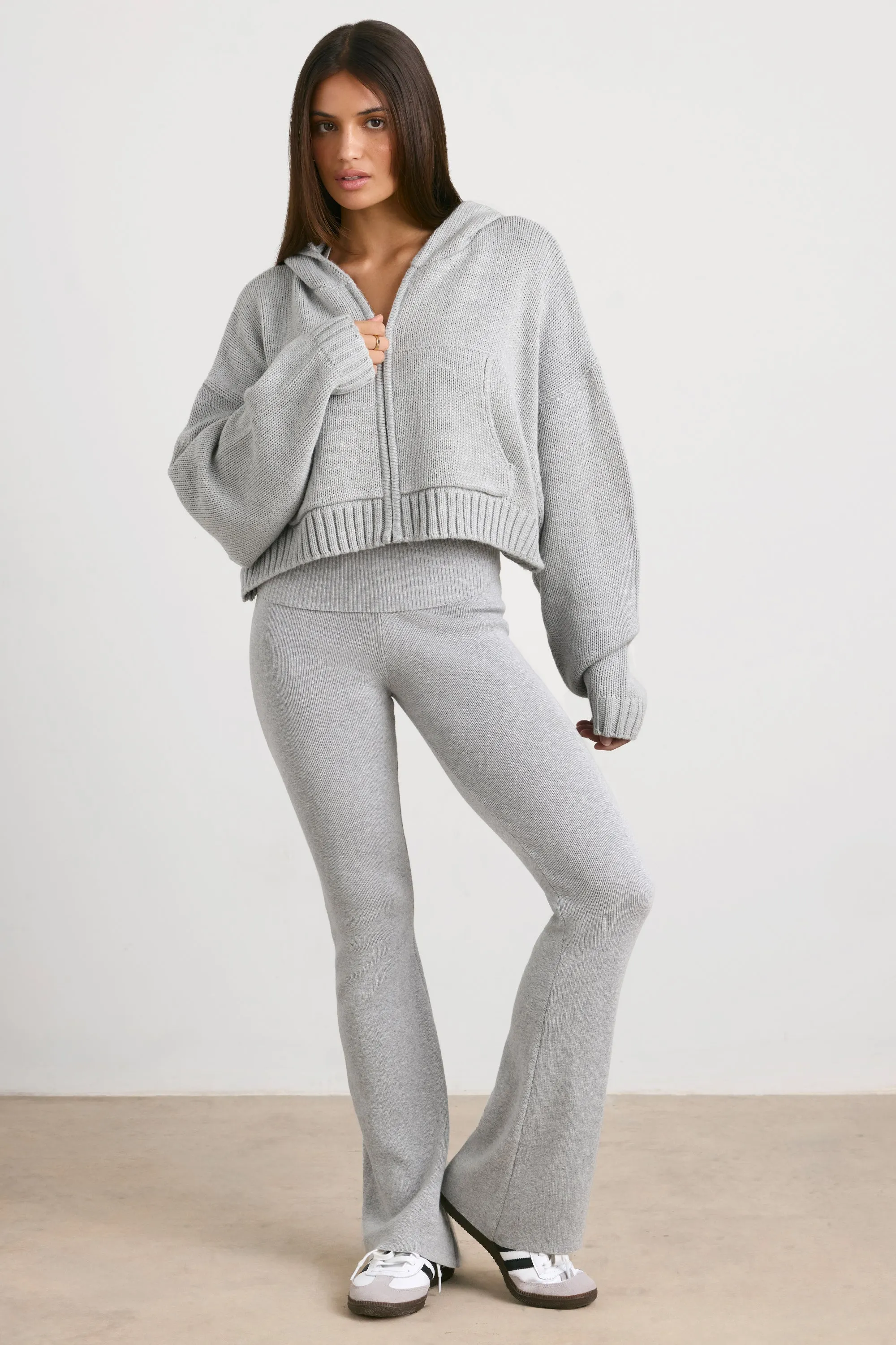 True - Cropped Zip Up Chunky Knit Hoodie in Heather Grey