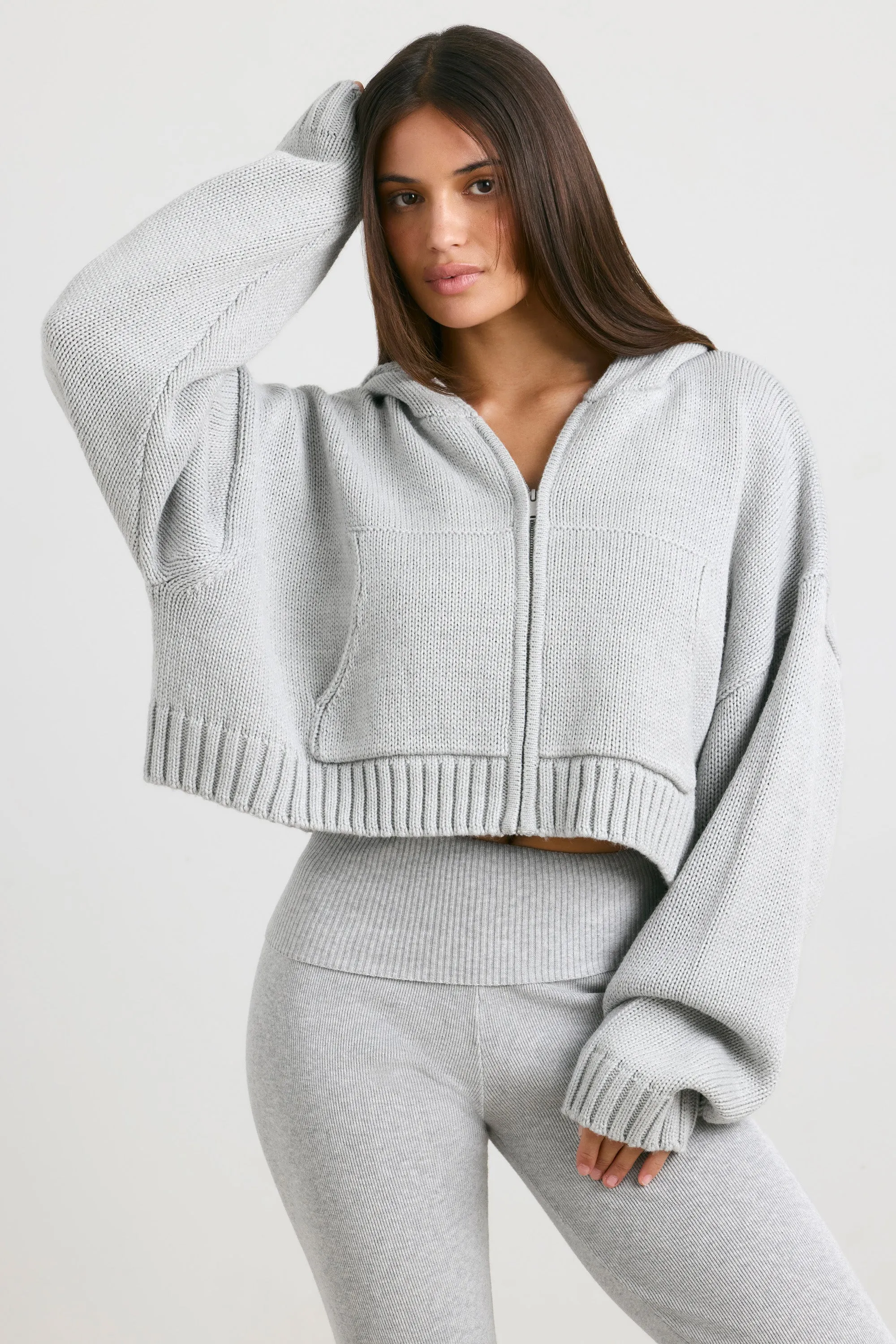 True - Cropped Zip Up Chunky Knit Hoodie in Heather Grey