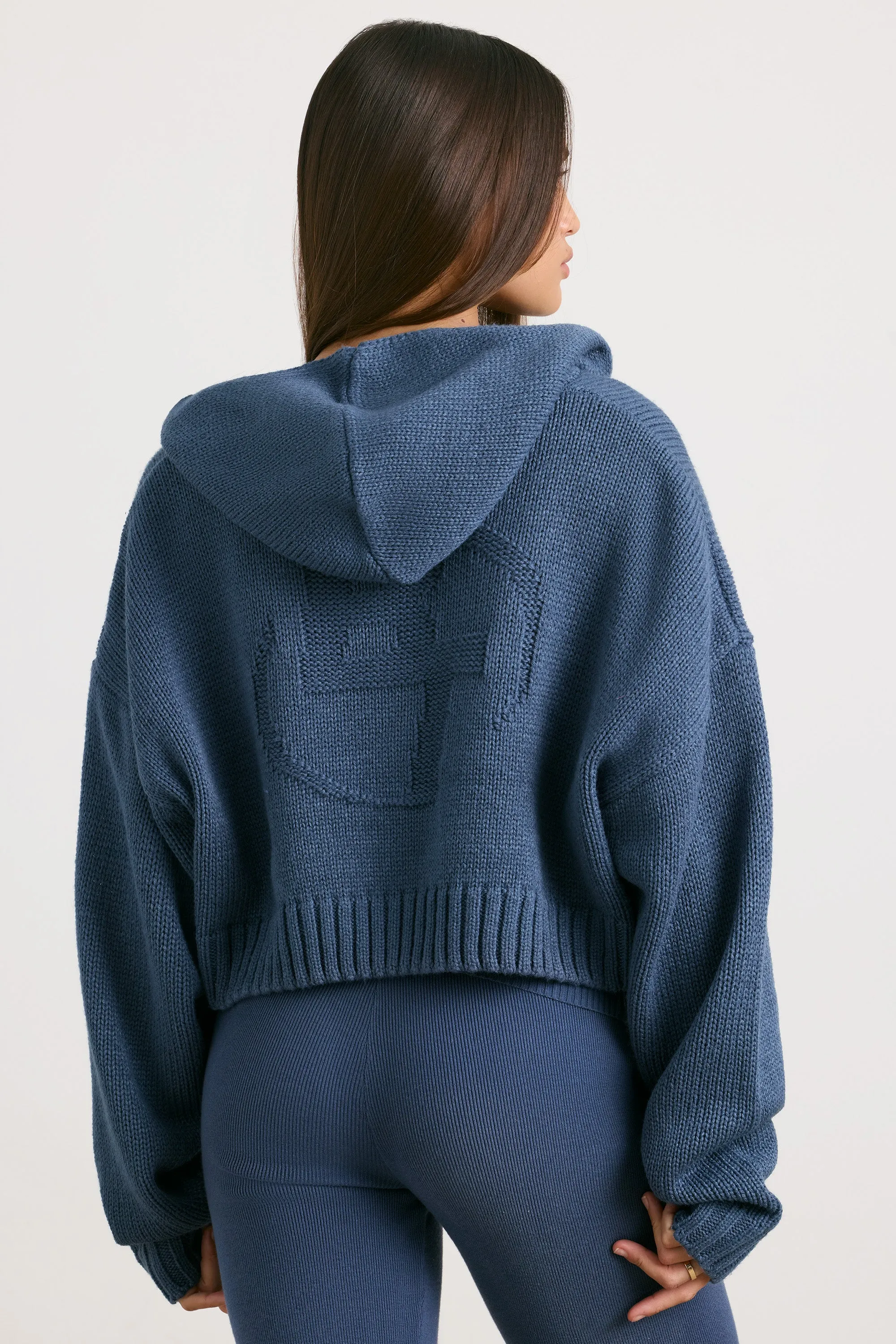 True - Cropped Zip Up Chunky Knit Hoodie in Washed Navy