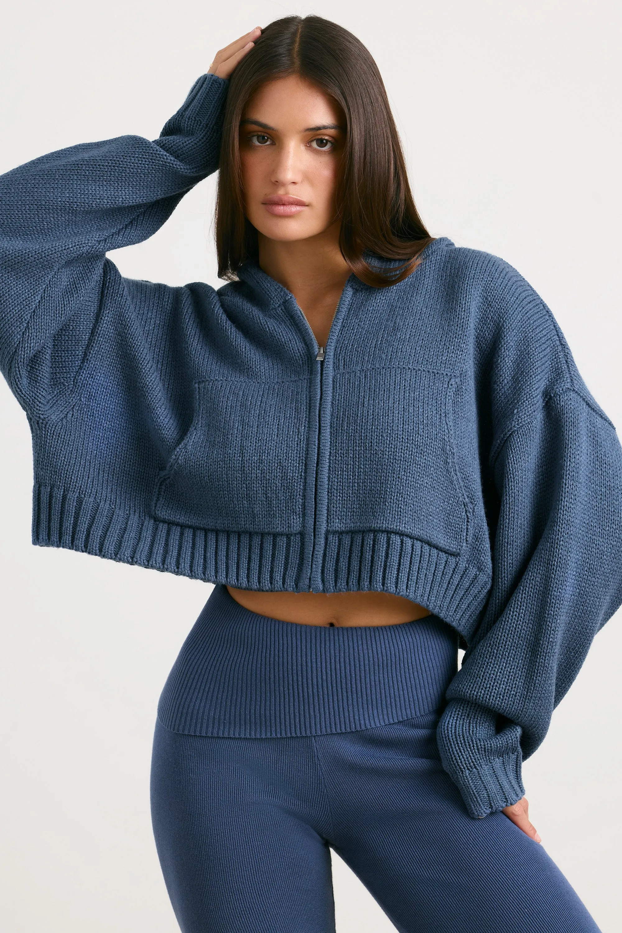 True - Cropped Zip Up Chunky Knit Hoodie in Washed Navy