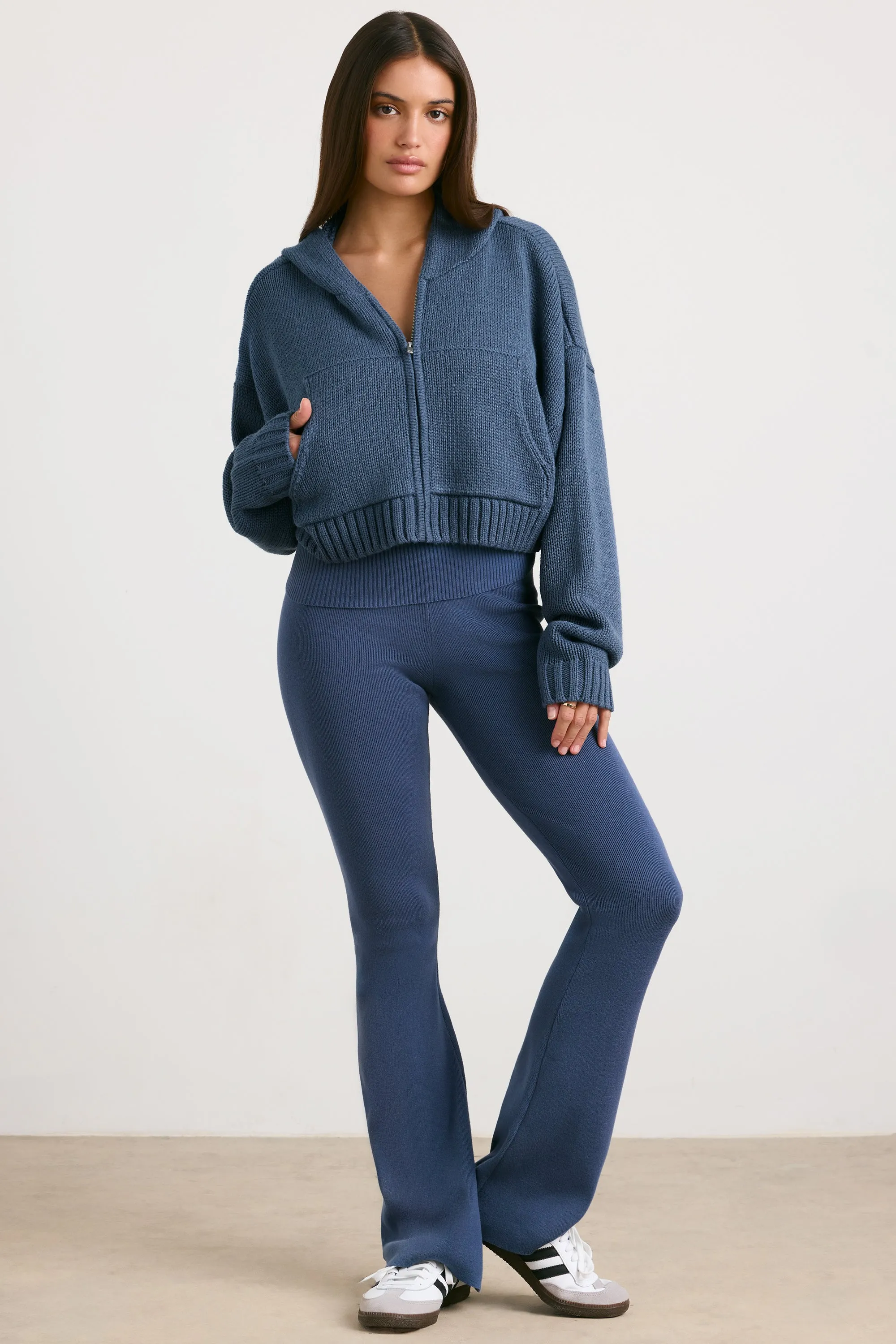 True - Cropped Zip Up Chunky Knit Hoodie in Washed Navy