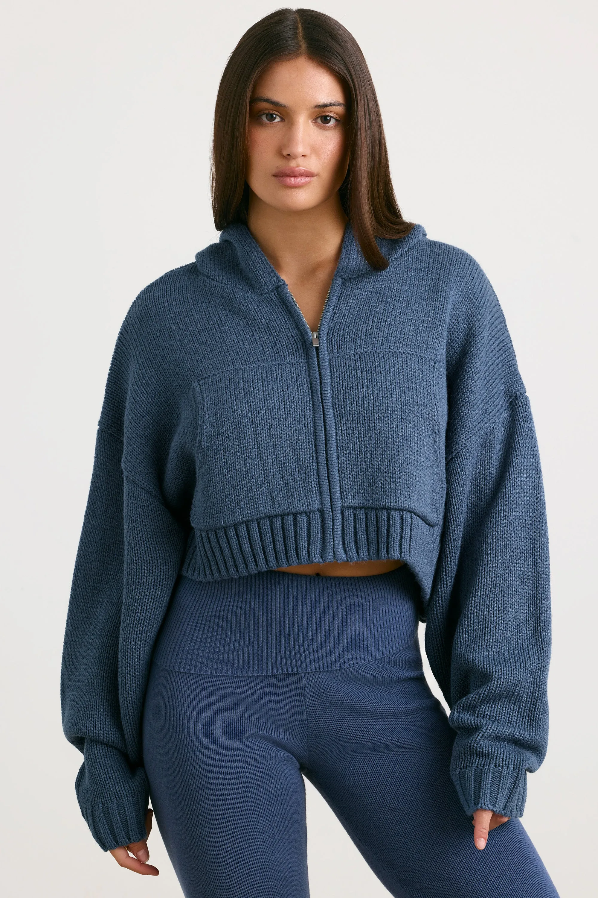 True - Cropped Zip Up Chunky Knit Hoodie in Washed Navy