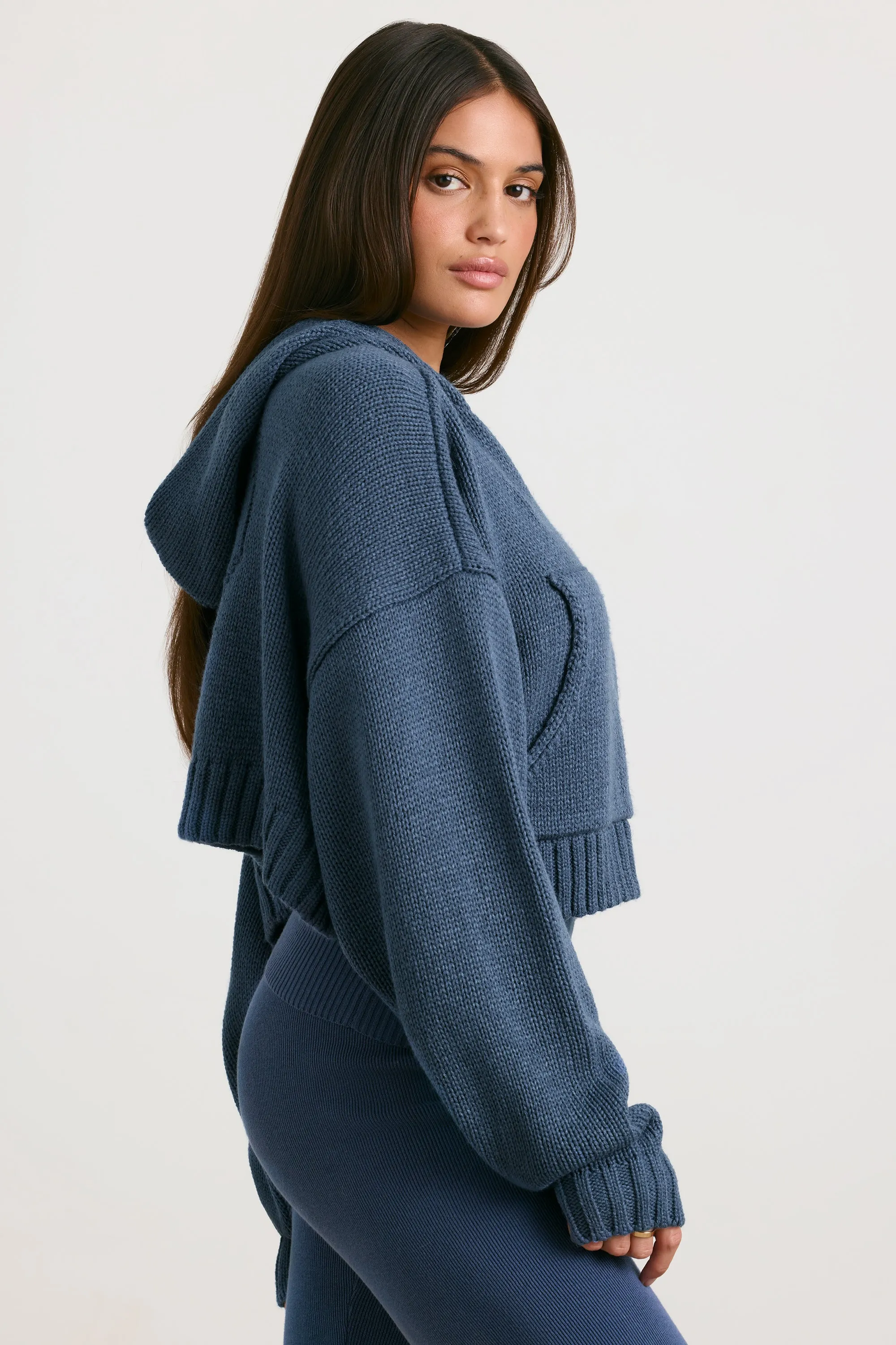 True - Cropped Zip Up Chunky Knit Hoodie in Washed Navy