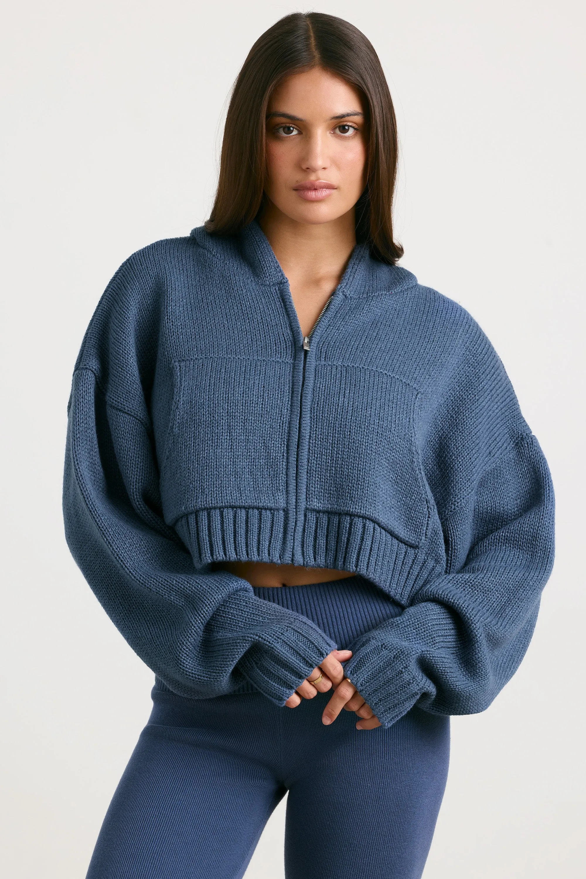 True - Cropped Zip Up Chunky Knit Hoodie in Washed Navy