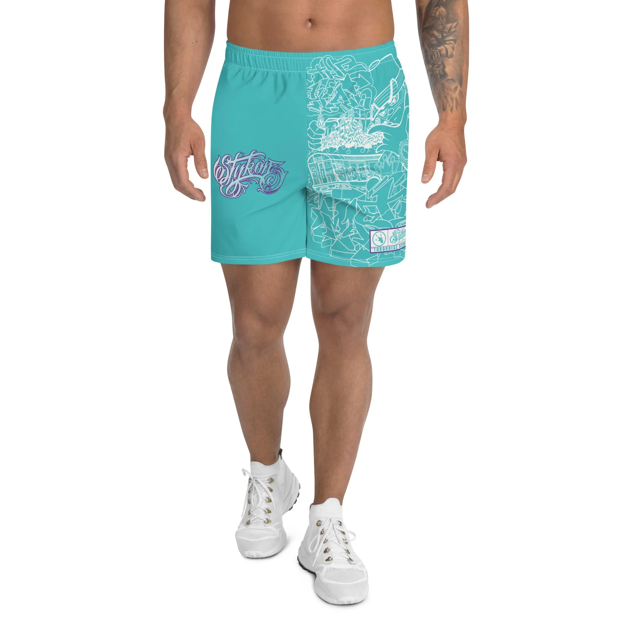 Unisex Graffiti Athletic Long Shorts - Turquoise Mix Script