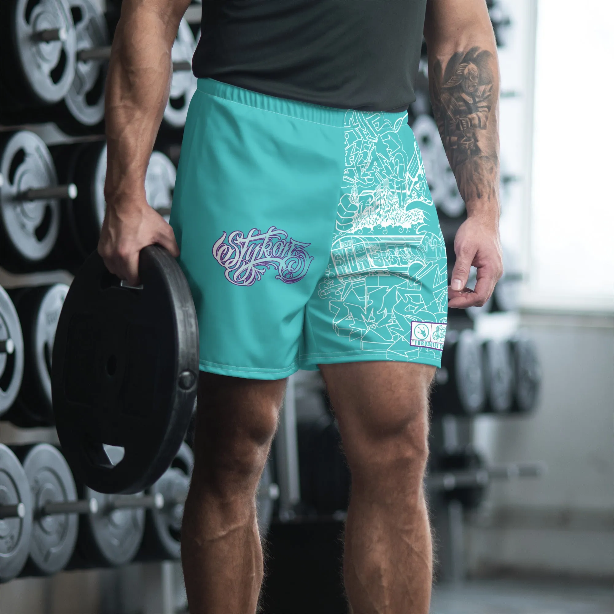 Unisex Graffiti Athletic Long Shorts - Turquoise Mix Script
