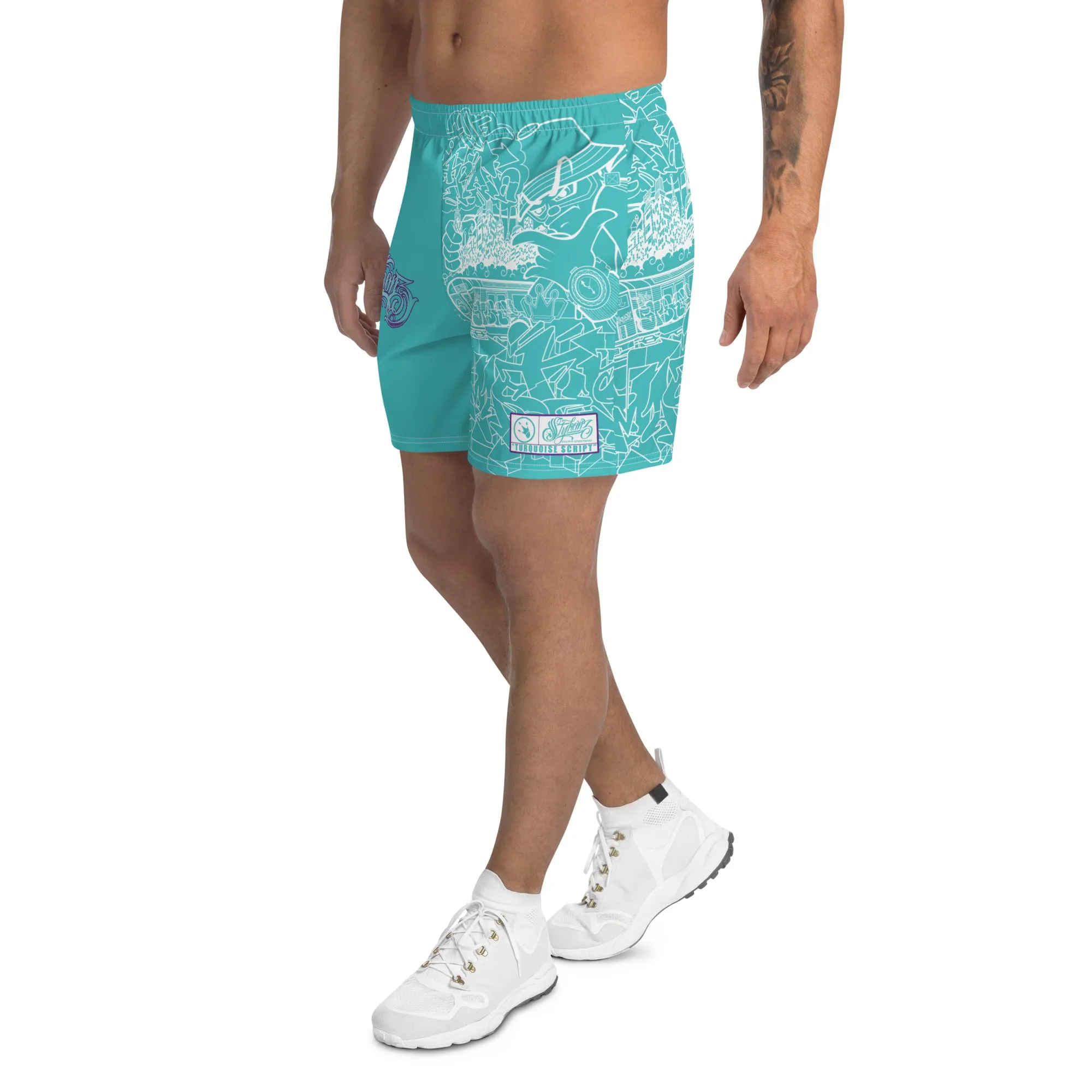 Unisex Graffiti Athletic Long Shorts - Turquoise Mix Script