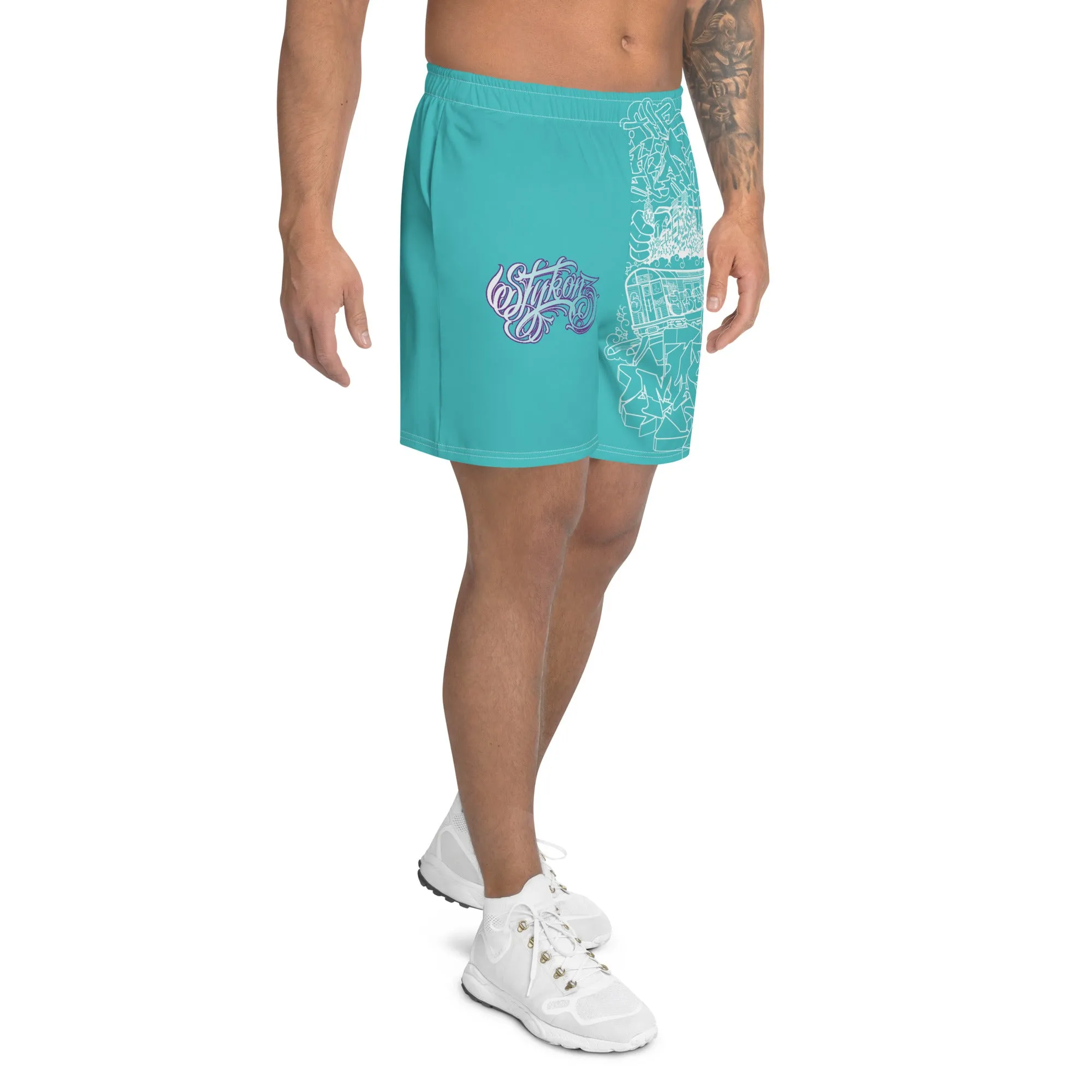 Unisex Graffiti Athletic Long Shorts - Turquoise Mix Script